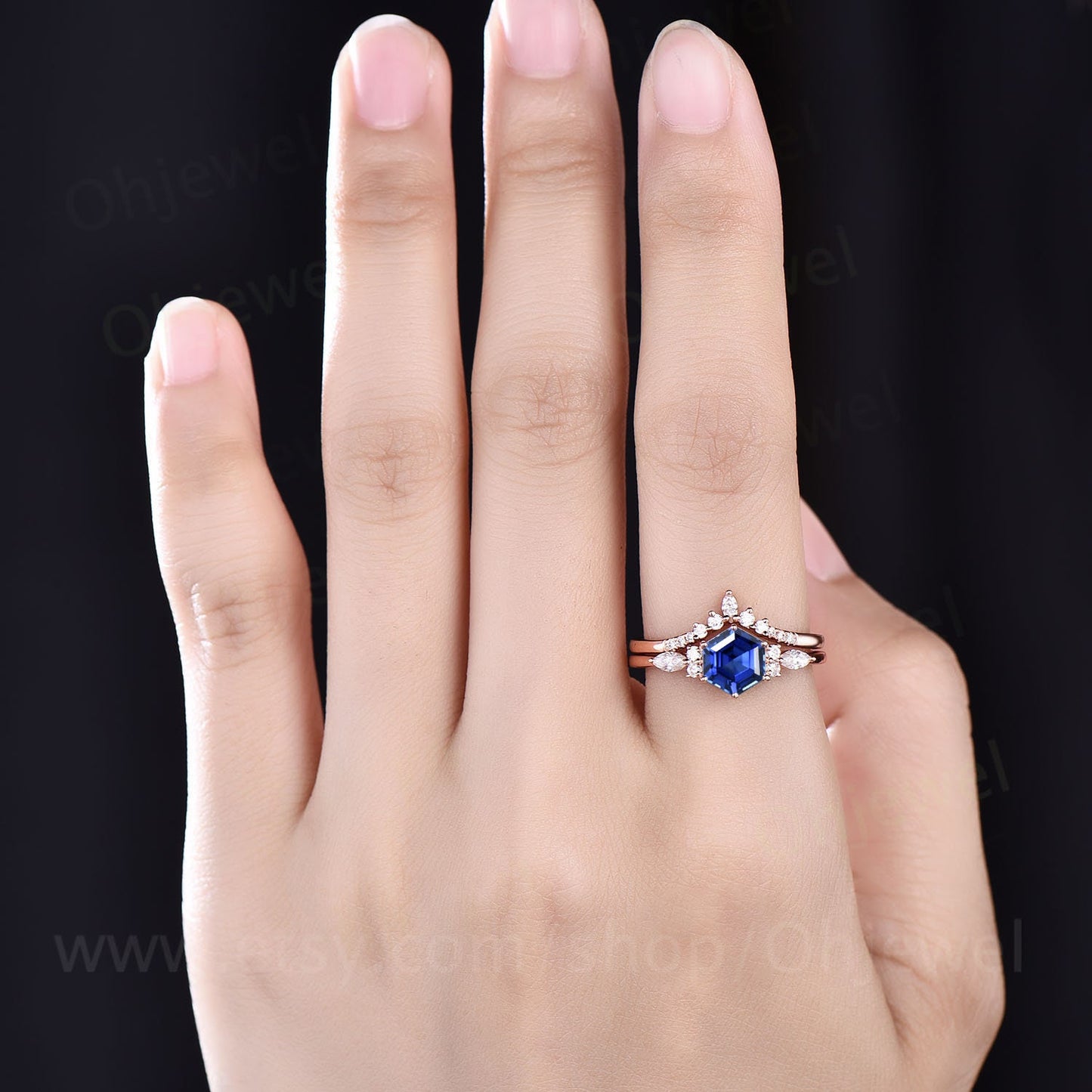 Hexagon cut sapphire ring gold vintage sapphire engagement ring set 14k rose gold art deco unique engagement ring diamond ring set for women