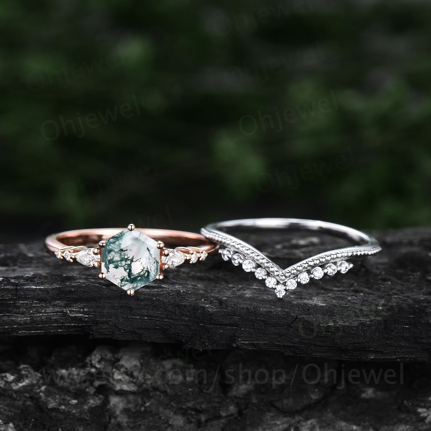 Hexagon cut green moss agate ring vintage unique moss agate engagement ring set 14k rose gold dainty moissanite wedding ring set for women