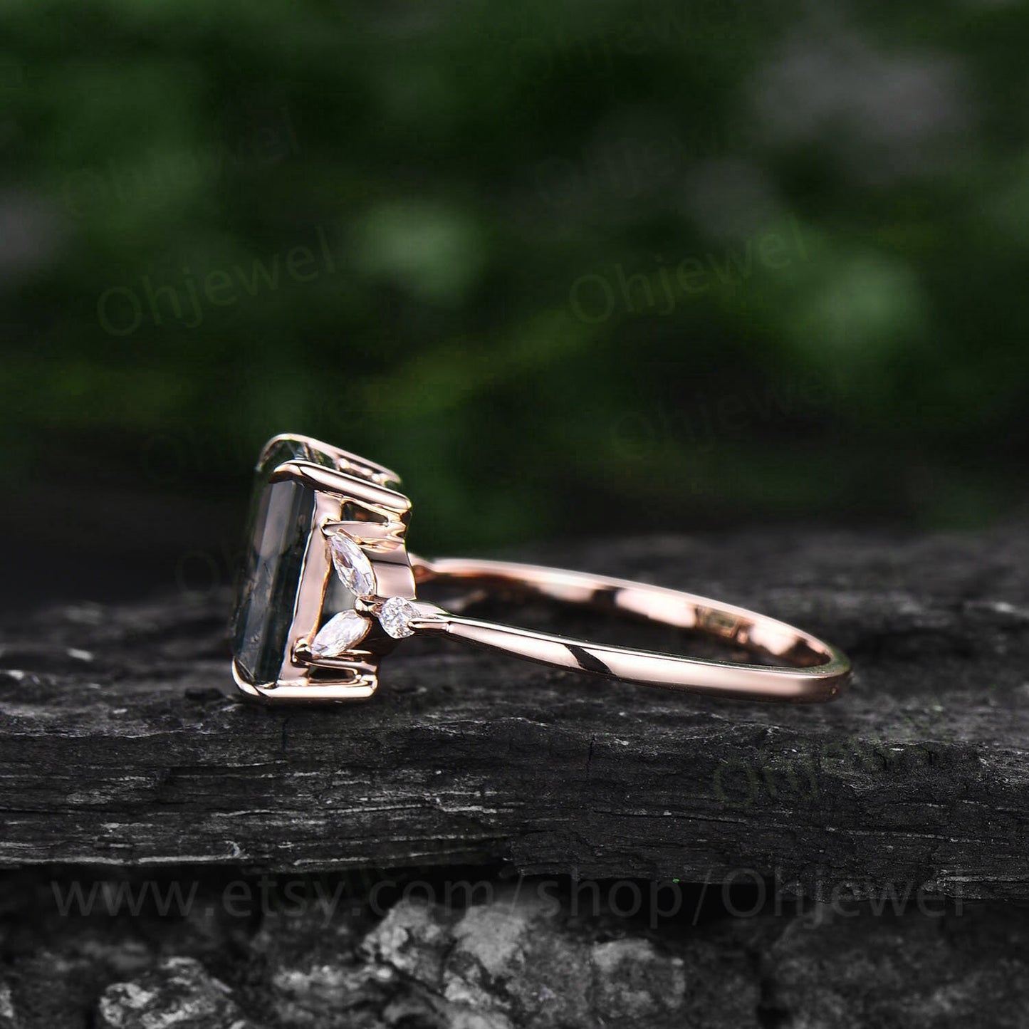 Green moss agate ring vintage moss agate engagement ring rose gold flower unique emerald cut engagement ring art deco moissanite bridal ring