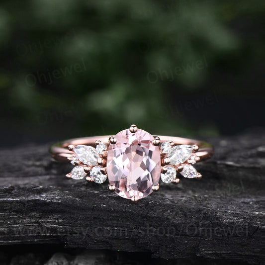 Pink morganite ring gold vintage morganite engagement ring unique cluster engagement ring diamond ring jewelry wedding promise ring women