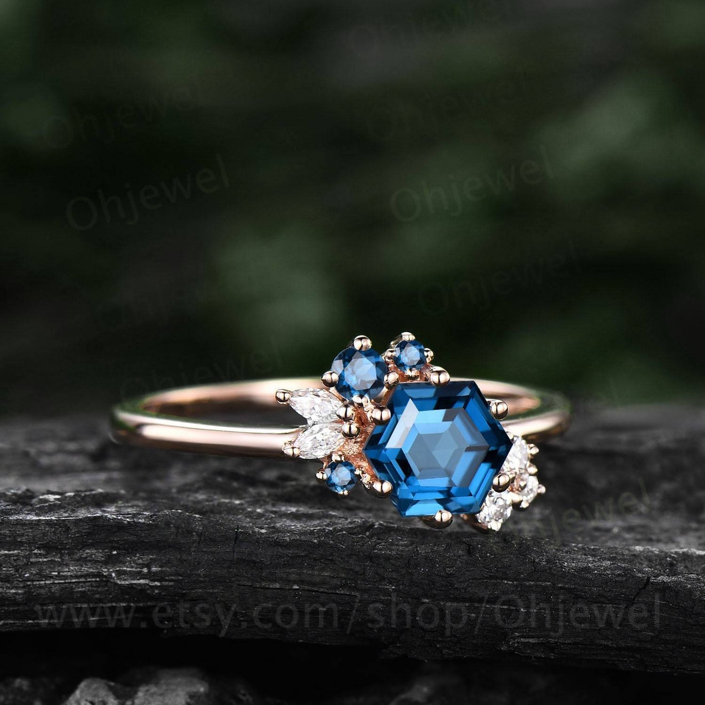 Hexagon cut London blue topaz ring gold vintage London blue topaz engagement ring rose gold unique cluster engagement ring moissanite ring