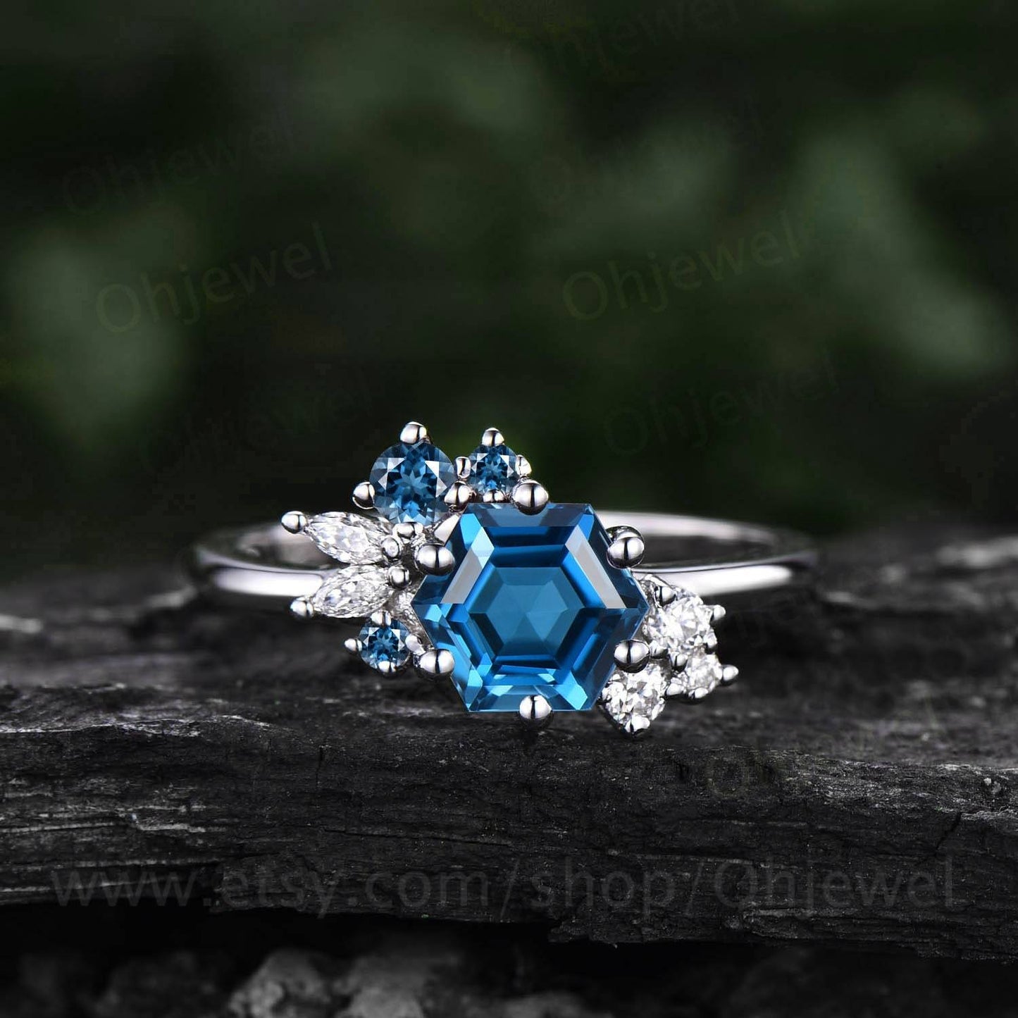 Hexagon cut London blue topaz ring gold vintage London blue topaz engagement ring rose gold unique cluster engagement ring moissanite ring