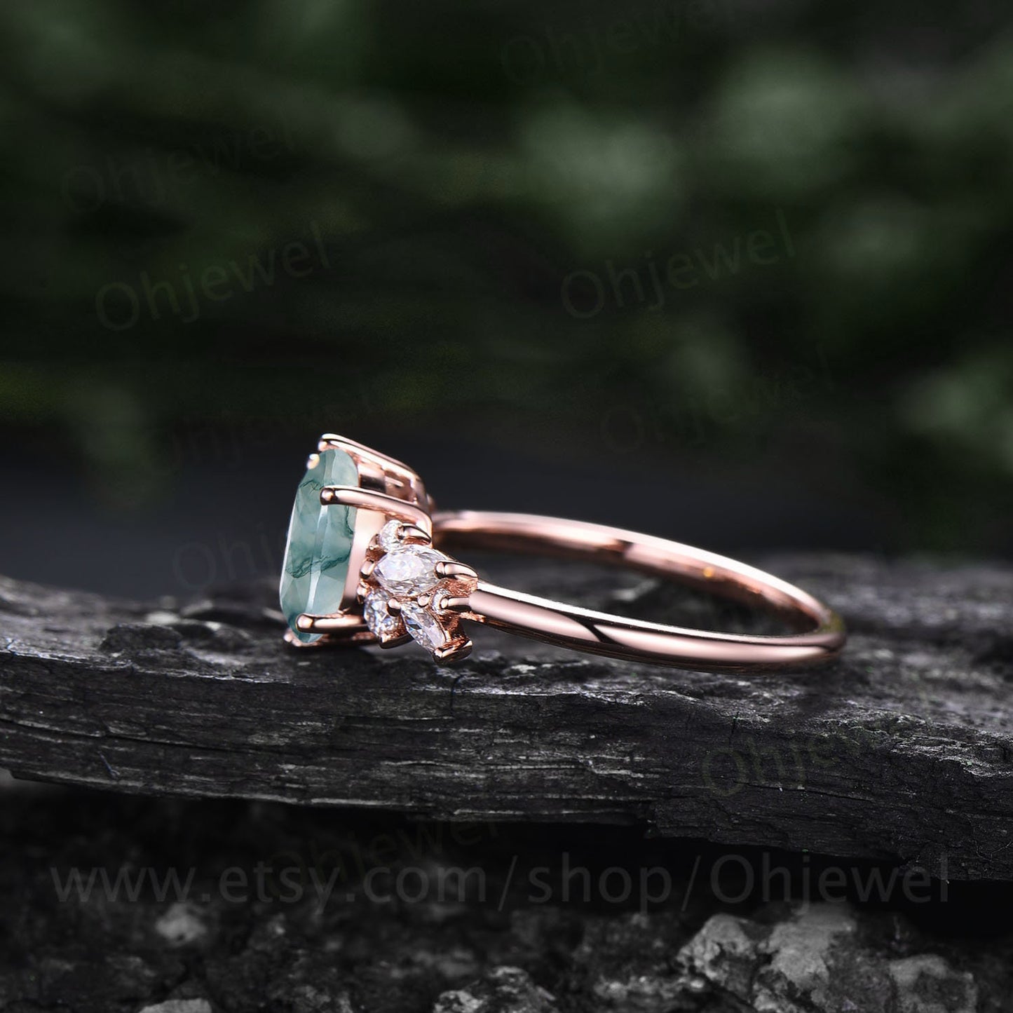 Oval cut moss agate ring gold silver vintage moss agate engagement ring rose gold unique alternative cluster engagement ring diamond ring