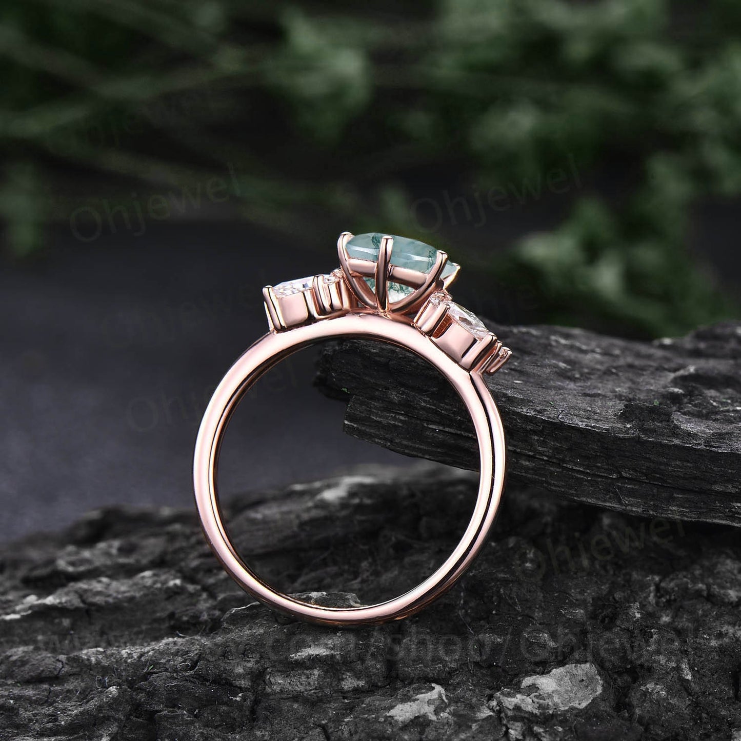Oval cut moss agate ring gold silver vintage moss agate engagement ring rose gold unique alternative cluster engagement ring diamond ring
