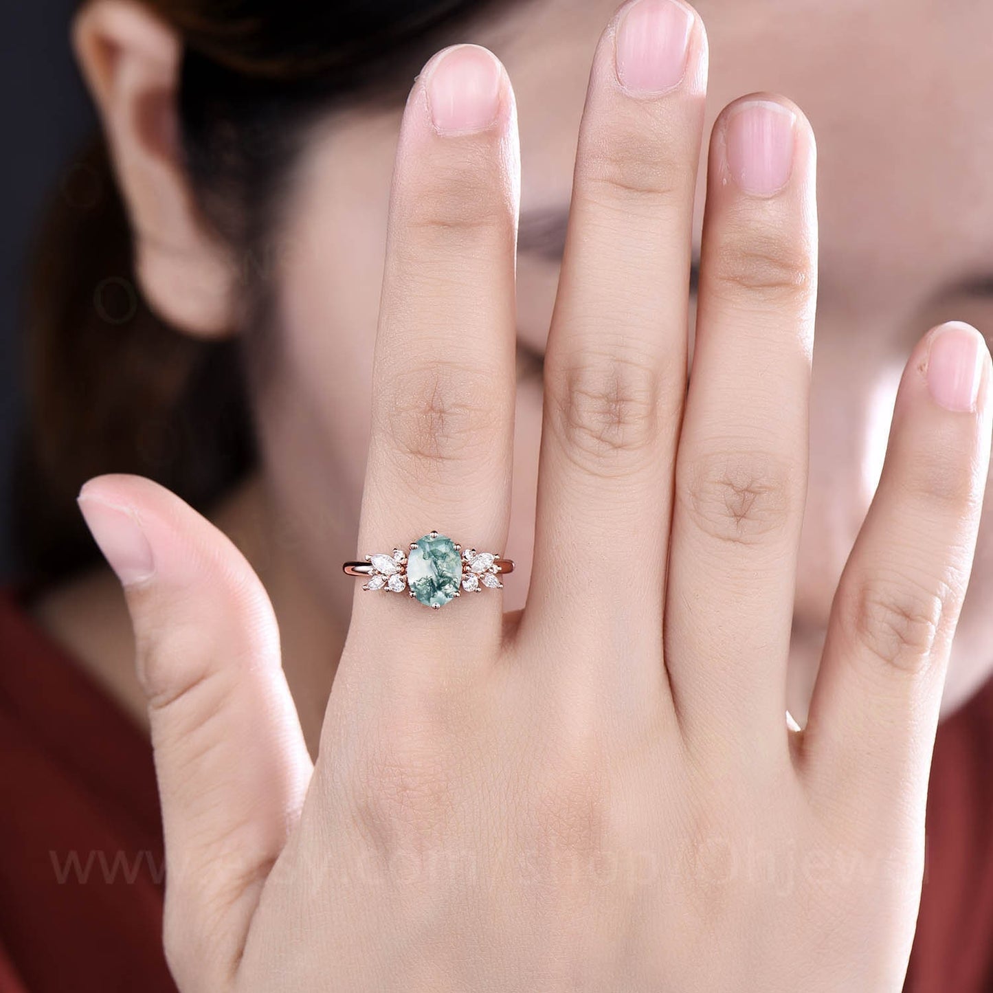 Oval cut moss agate ring gold silver vintage moss agate engagement ring rose gold unique alternative cluster engagement ring diamond ring