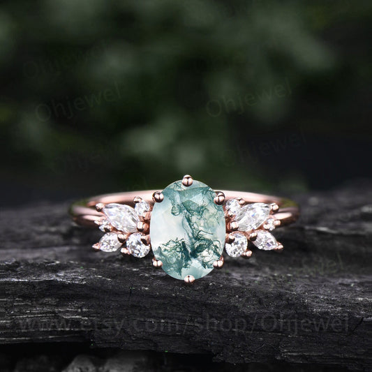 Oval cut moss agate ring gold silver vintage moss agate engagement ring rose gold unique alternative cluster engagement ring diamond ring