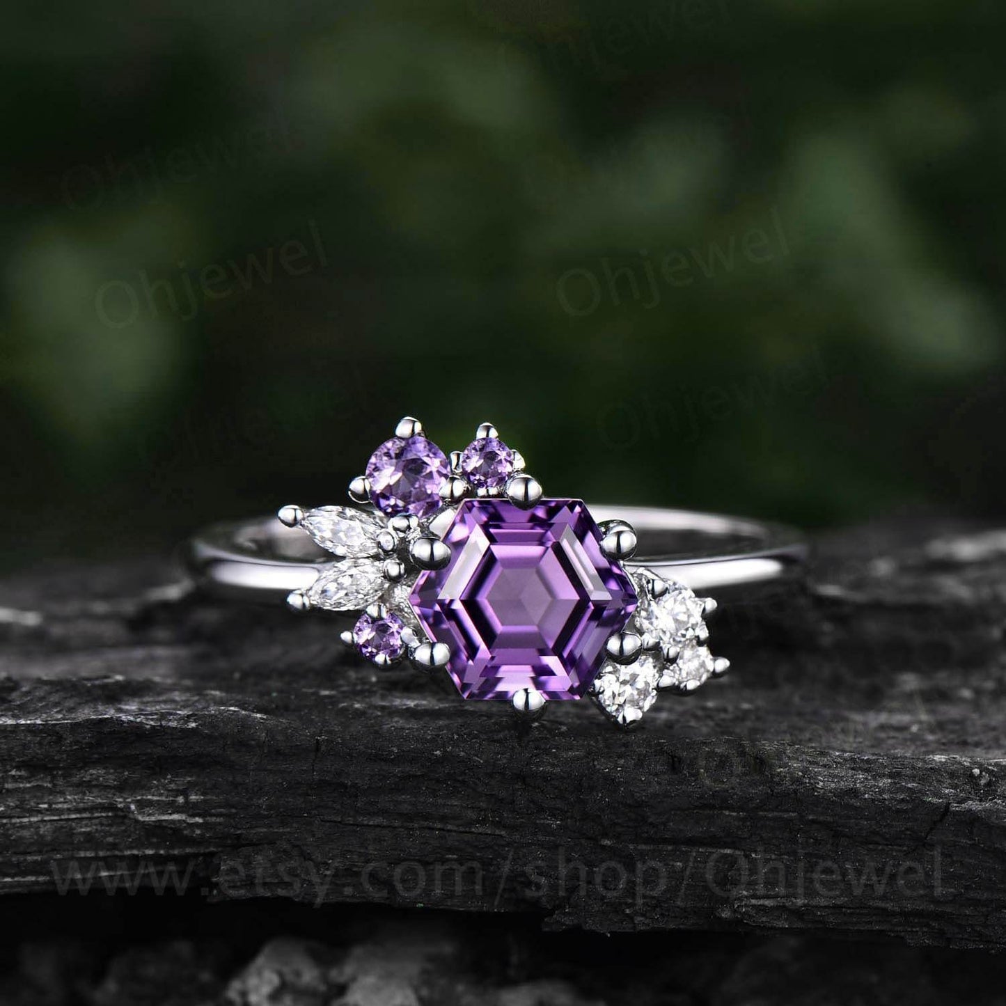 Hexagon cut amethyst ring gold silver for women vintage amethyst engagement ring unique cluster engagement ring moissanite ring for women