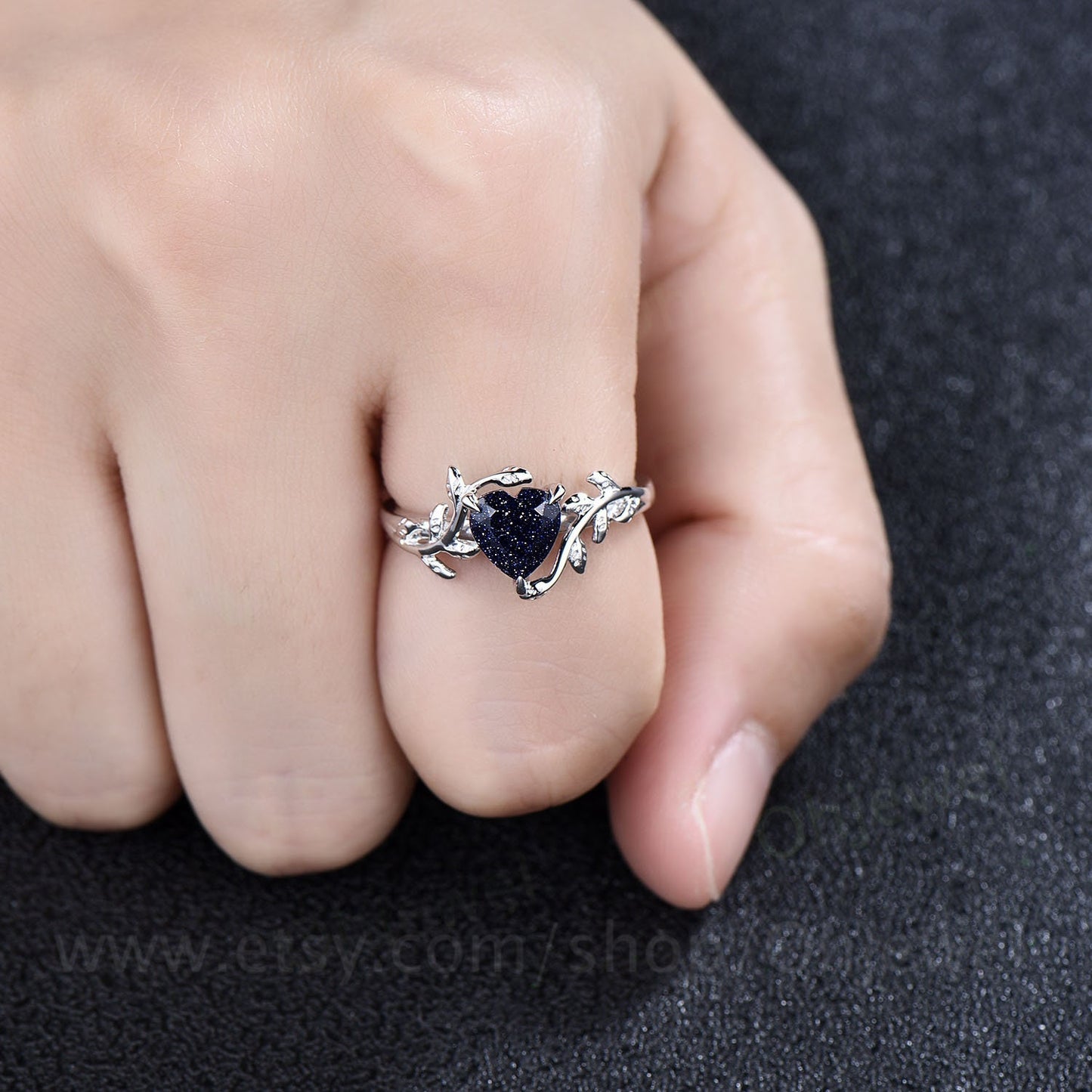 Heart shaped blue sandstone engagement ring leaf flower 14k rose gold silver unique vintage solitaire engagement ring wedding ring for women