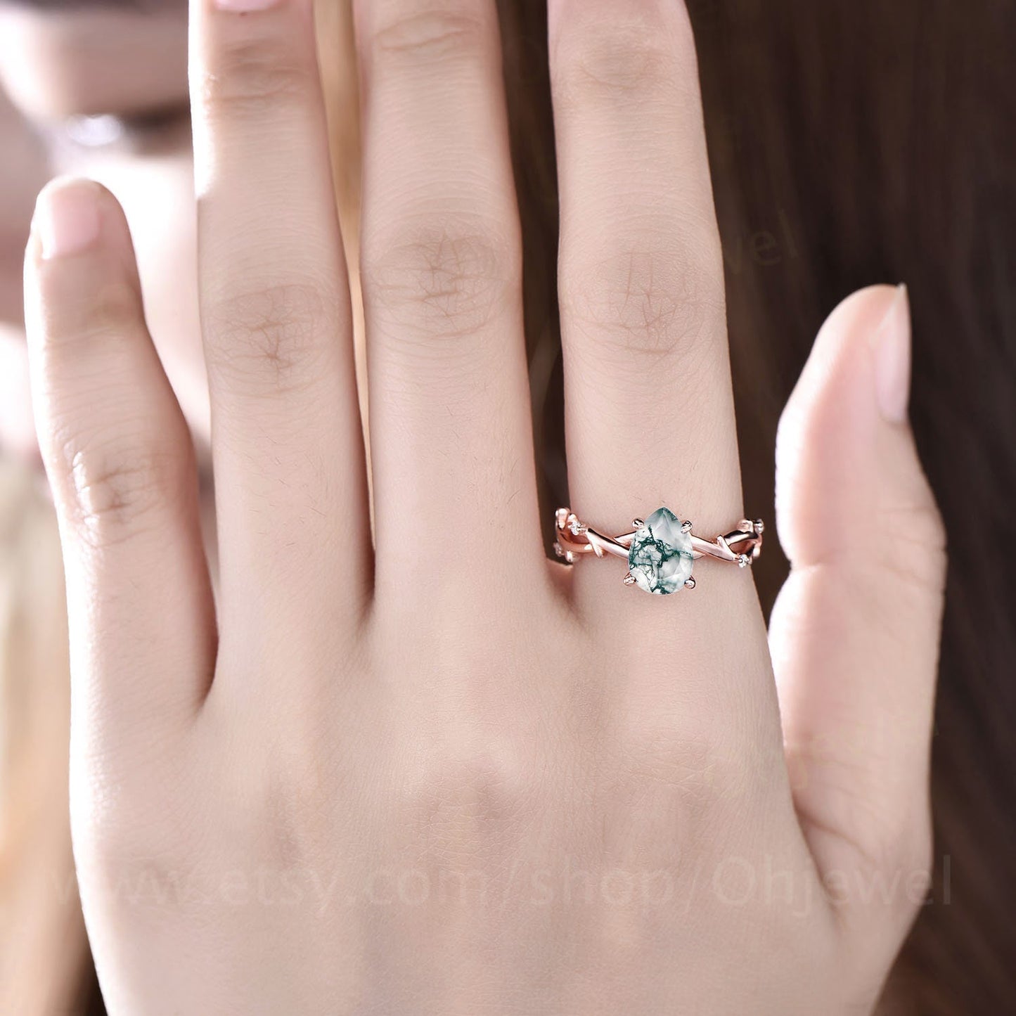 Vintage pear shaped green moss agate engagement ring leaf art deco rose gold five stone diamond ring for women unique promise bridal ring