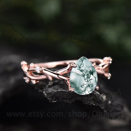 Vintage pear shaped green moss agate engagement ring leaf art deco rose gold five stone diamond ring for women unique promise bridal ring