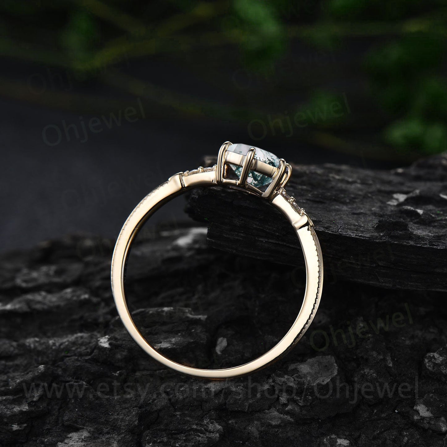 Hexagon cut green moss agate ring gold unique moss agate engagement ring five stone six prong ring milgrain diamond wedding ring for women
