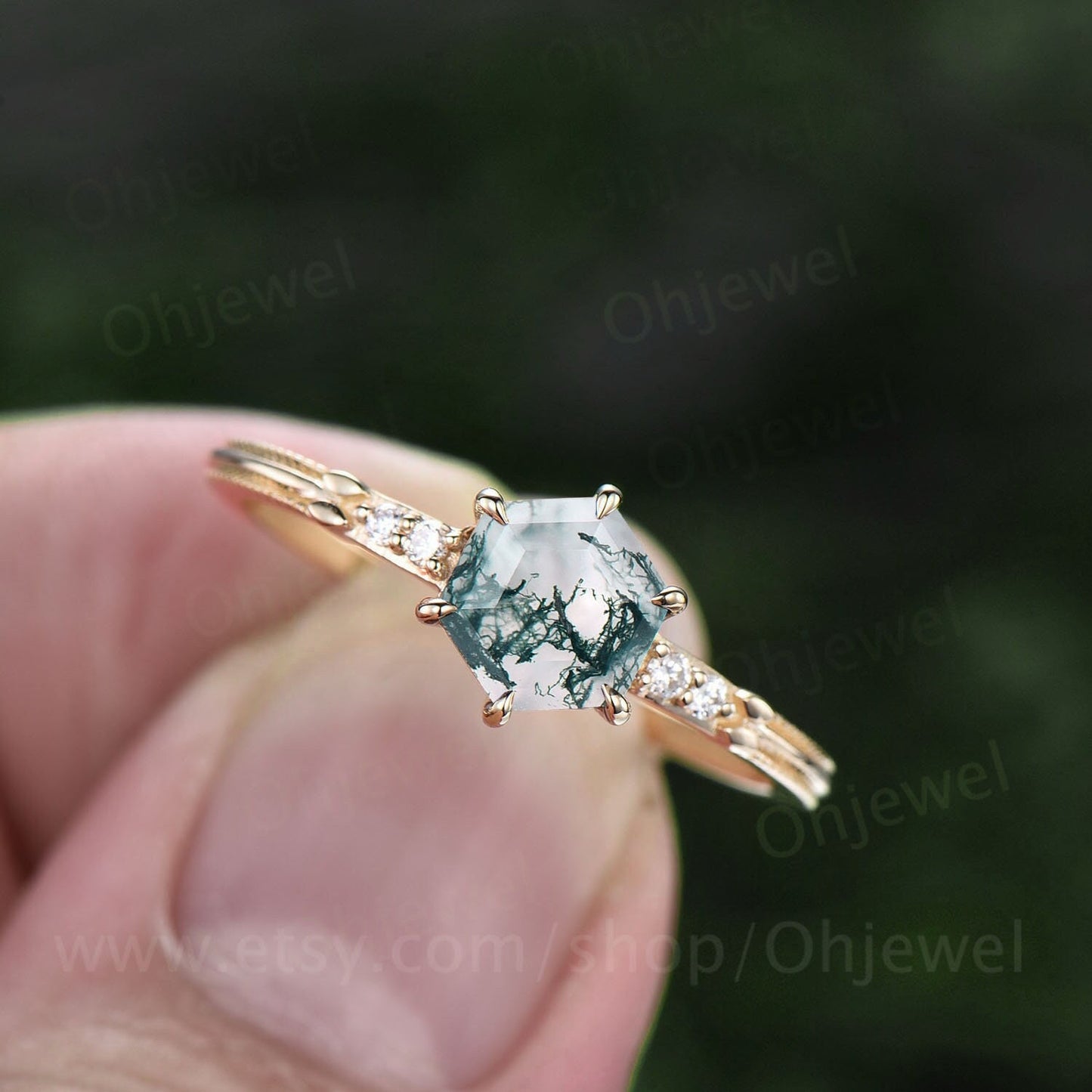 Hexagon cut green moss agate ring gold unique moss agate engagement ring five stone six prong ring milgrain diamond wedding ring for women