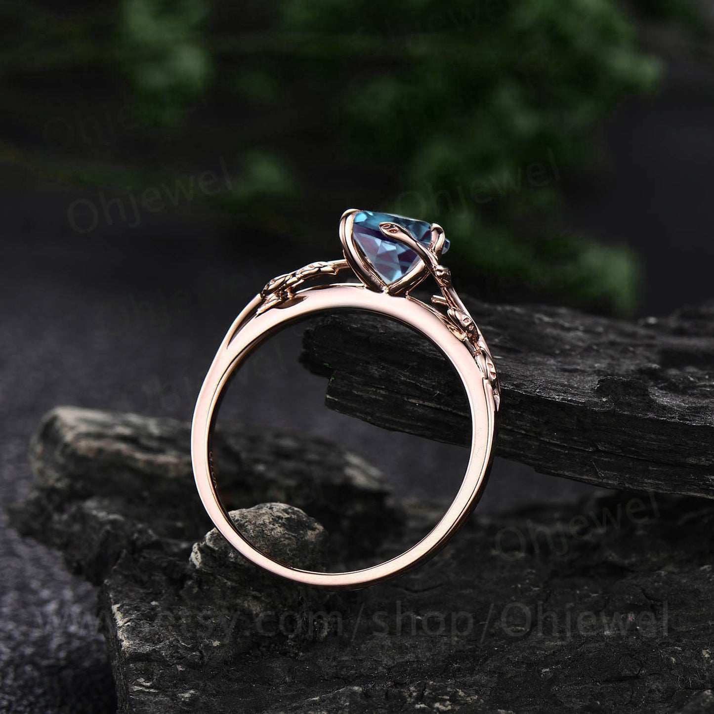 Twig Heart shaped Alexandrite engagement ring rose gold leaf nature inspired branches ring Twisted anniversary wedding ring for women gift