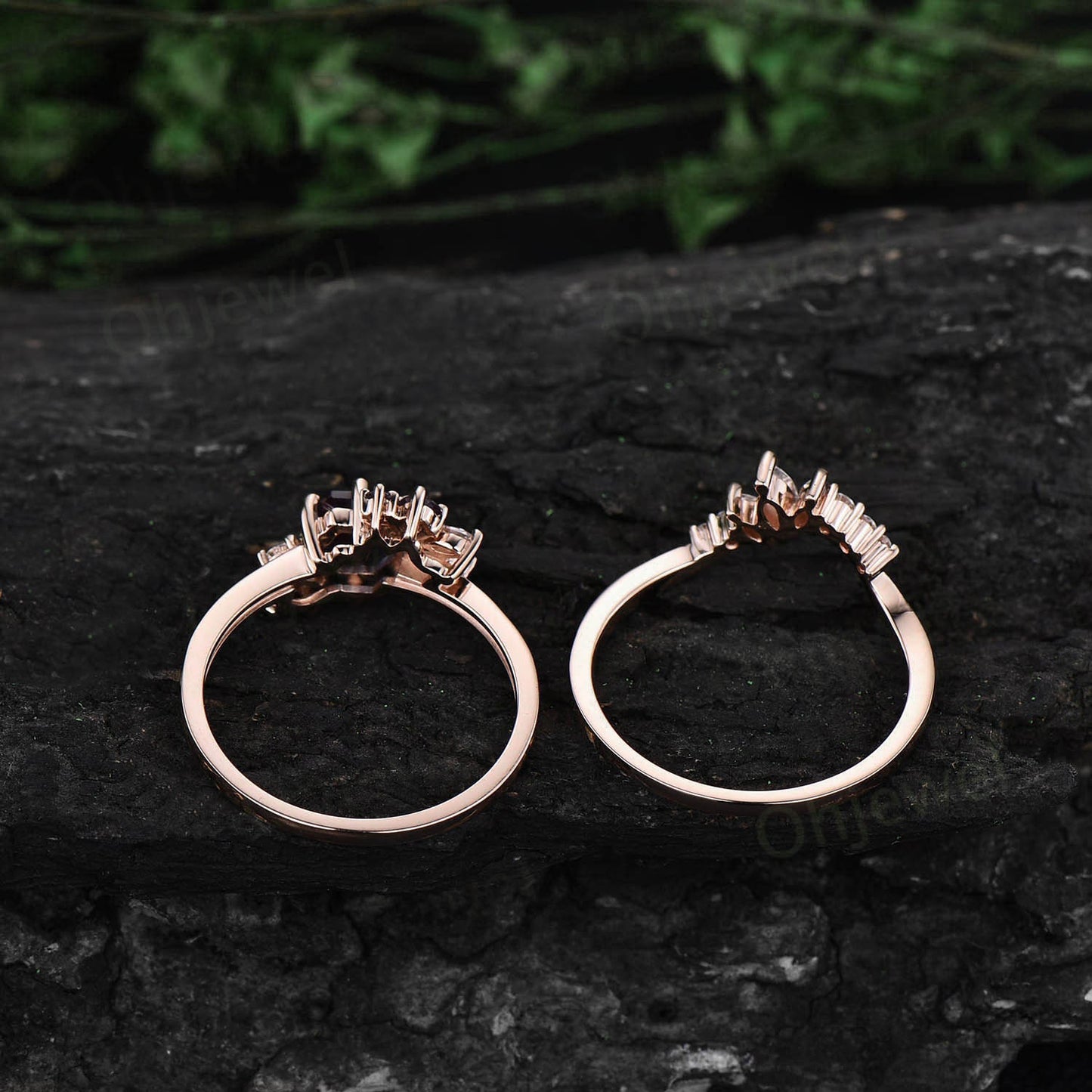 Vintage hexagon cut green moss agate engagement ring set rose gold art deco cluster moissanite ring set bridal wedding ring set women gifts