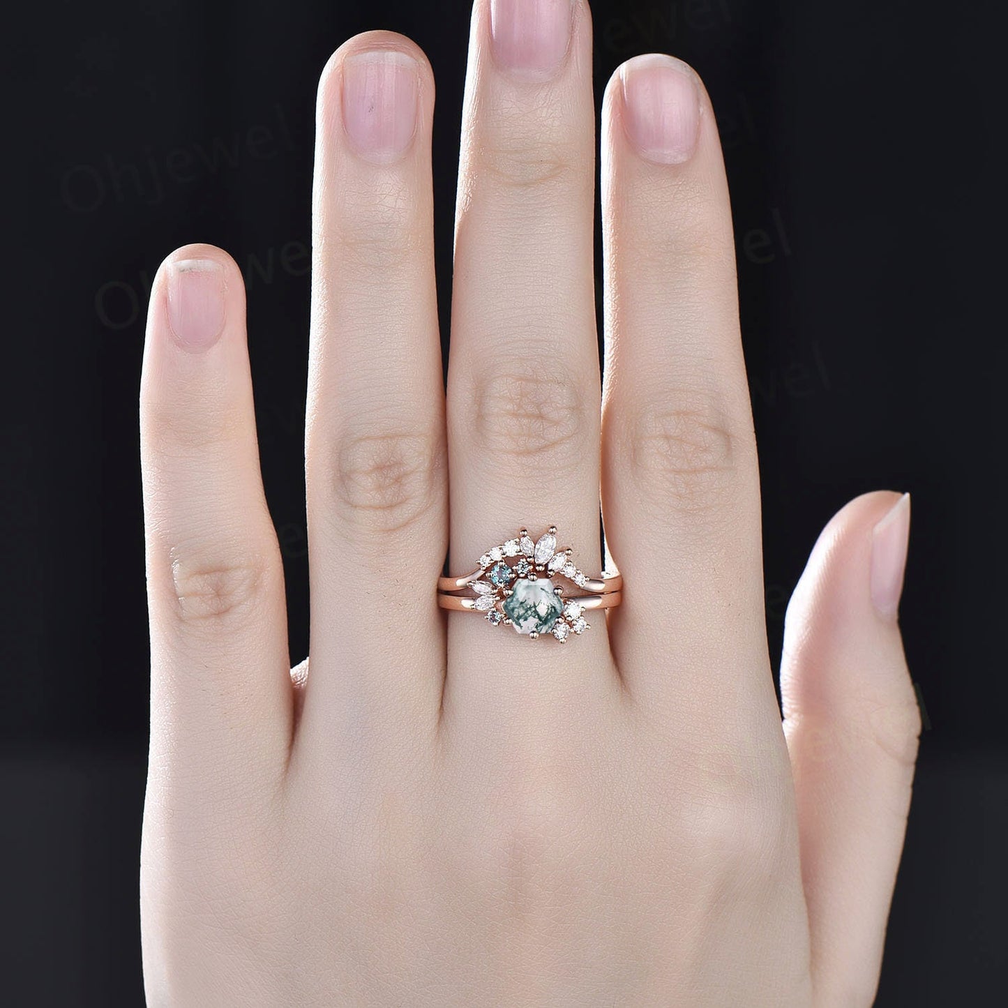 Vintage hexagon cut green moss agate engagement ring set rose gold art deco cluster moissanite ring set bridal wedding ring set women gifts