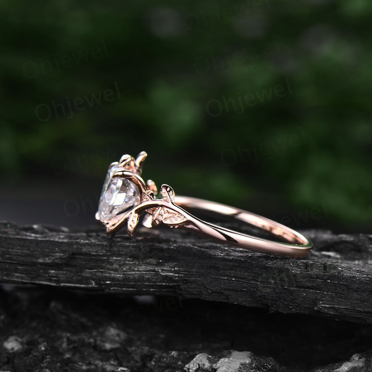 Moissanite ring vintage Heart shaped moissanite engagement ring leaf rose gold Solitaire Alternative nature inspired engagement ring women