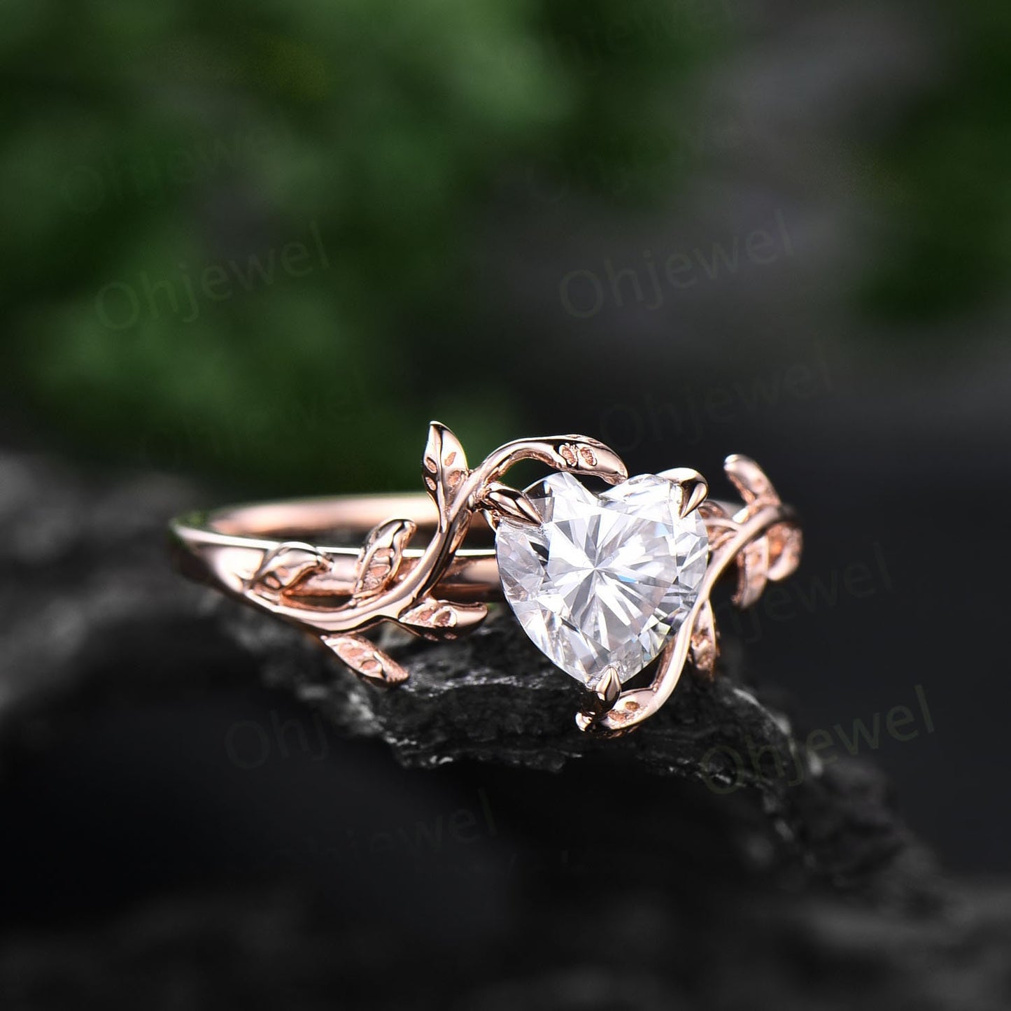 Moissanite ring vintage Heart shaped moissanite engagement ring leaf rose gold Solitaire Alternative nature inspired engagement ring women
