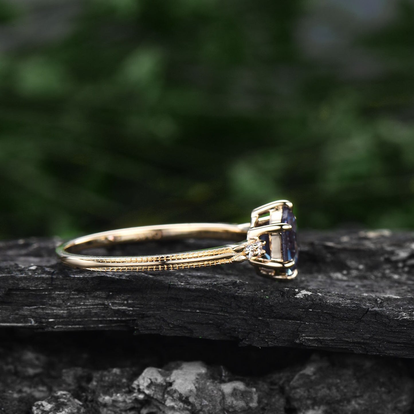 Alexandrite ring gold vintage Hexagon cut engagement ring Alexandrite engagement ring five stone 6 prong milgrain diamond wedding ring women