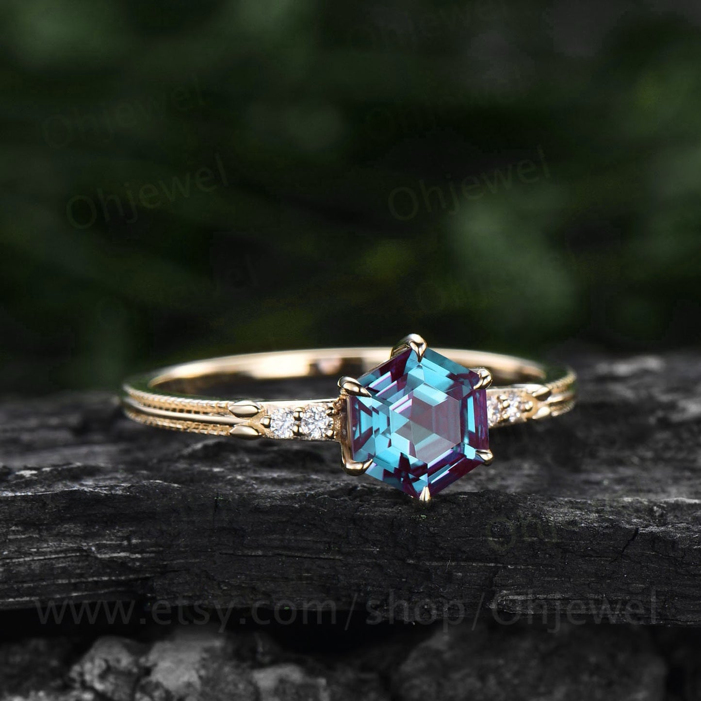 Alexandrite ring gold vintage Hexagon cut engagement ring Alexandrite engagement ring five stone 6 prong milgrain diamond wedding ring women