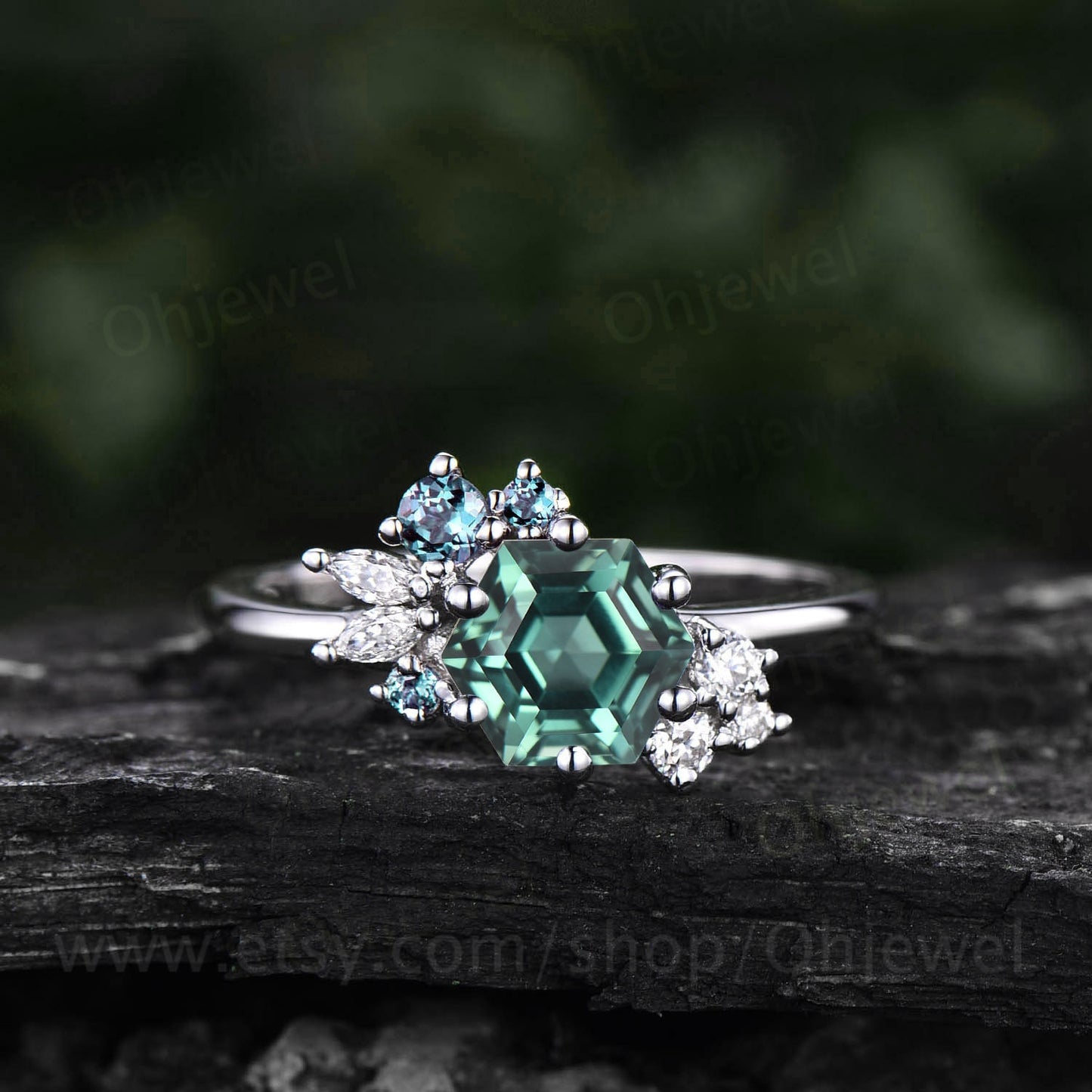 Hexagon cut green sapphire engagement ring teal sapphire engagement ring art deco cluster moissanite ring promise bridal wedding ring women