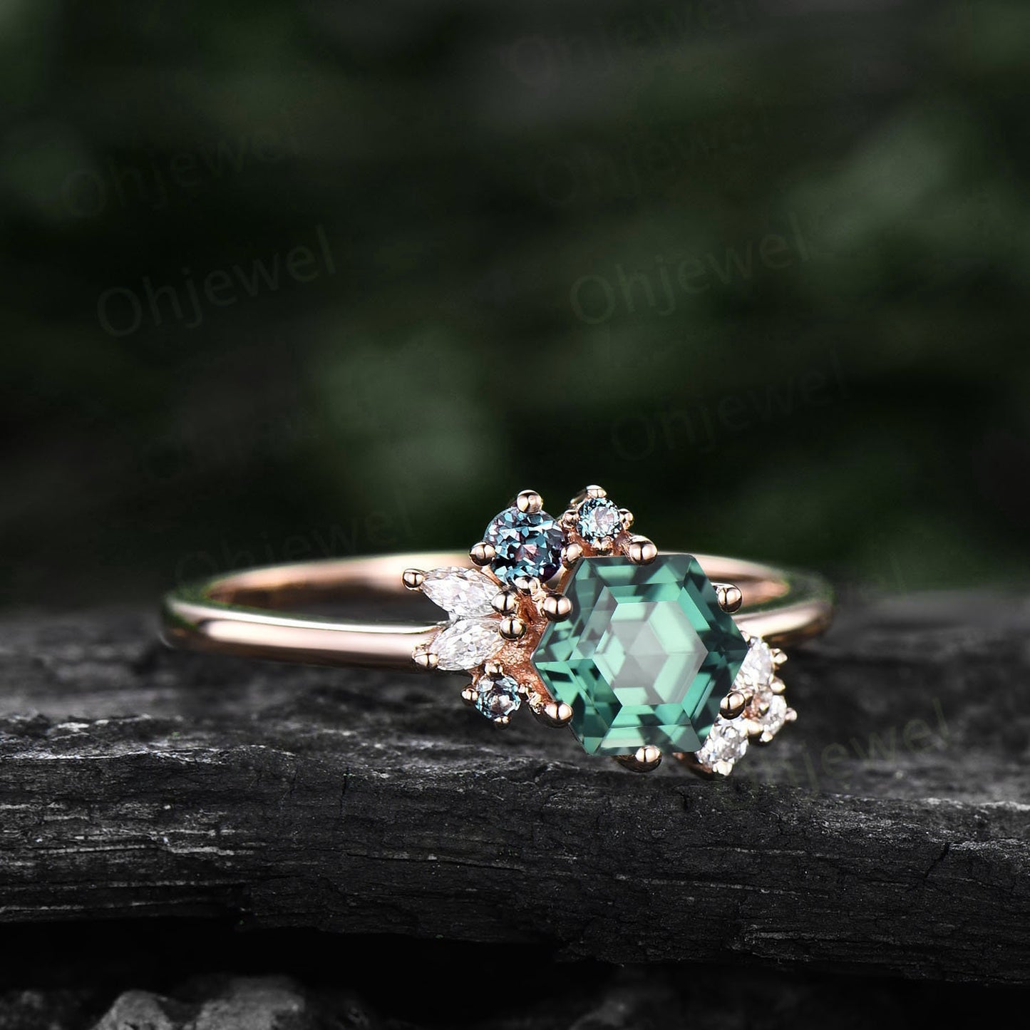 Hexagon cut green sapphire engagement ring teal sapphire engagement ring art deco cluster moissanite ring promise bridal wedding ring women