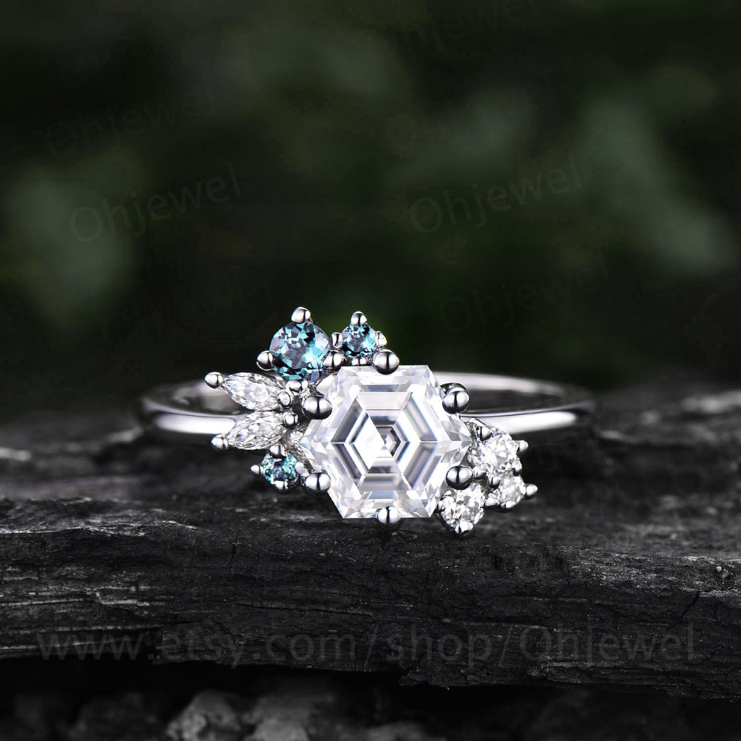 Hexagon cut moissanite ring gold silver vintage unique engagement ring cluster Alexandrite ring art deco diamond wedding ring for women