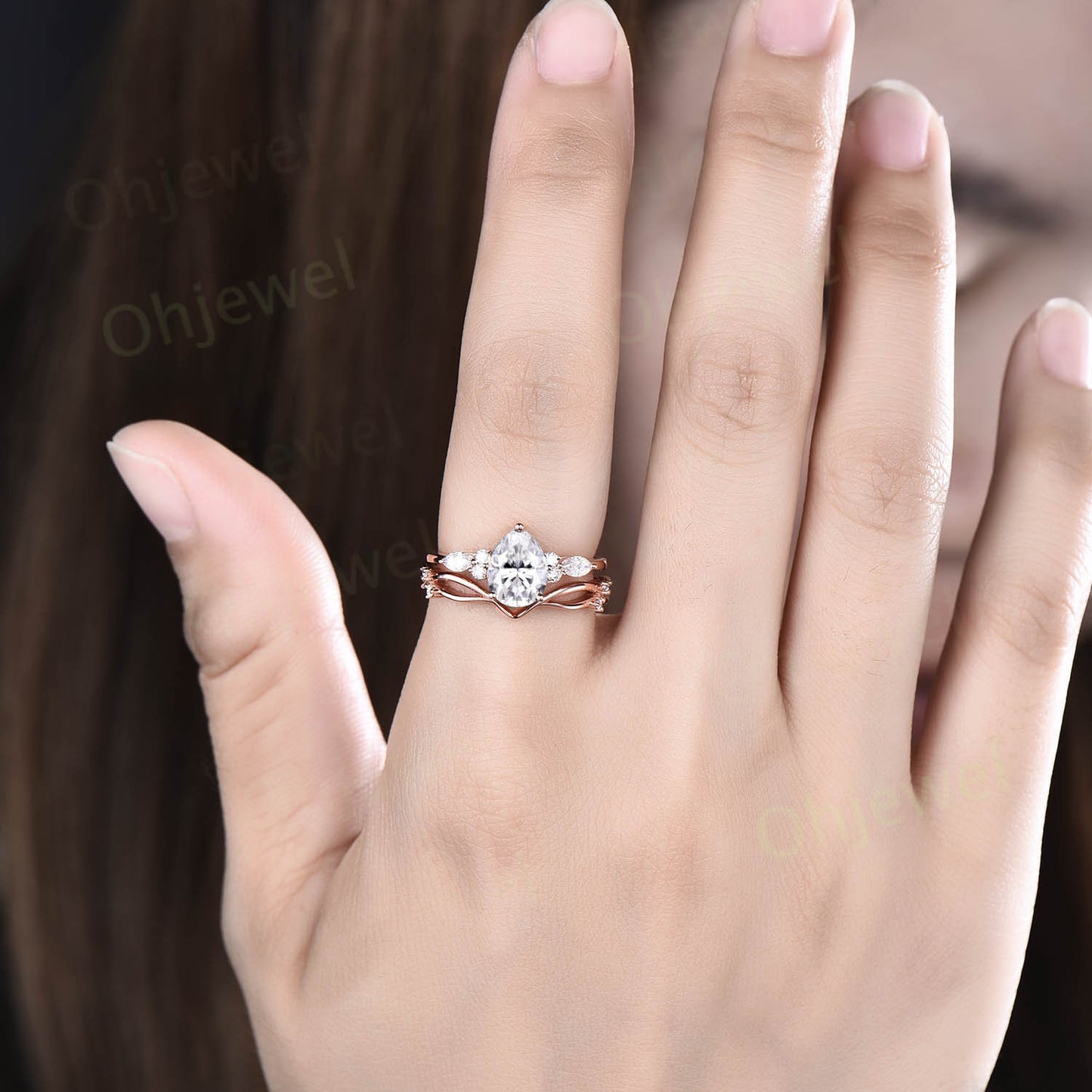 Moissanite ring set rose gold vintage pear shaped moissanite engagement ring set art deco stacking ring set unique wedding ring set women