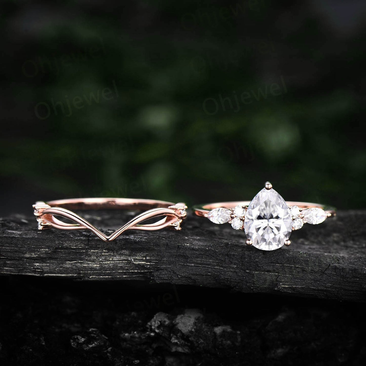 Moissanite ring set rose gold vintage pear shaped moissanite engagement ring set art deco stacking ring set unique wedding ring set women