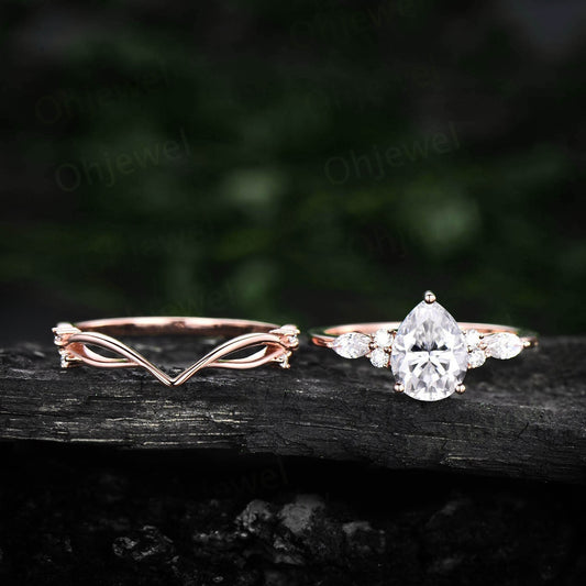 Moissanite ring set rose gold vintage pear shaped moissanite engagement ring set art deco stacking ring set unique wedding ring set women