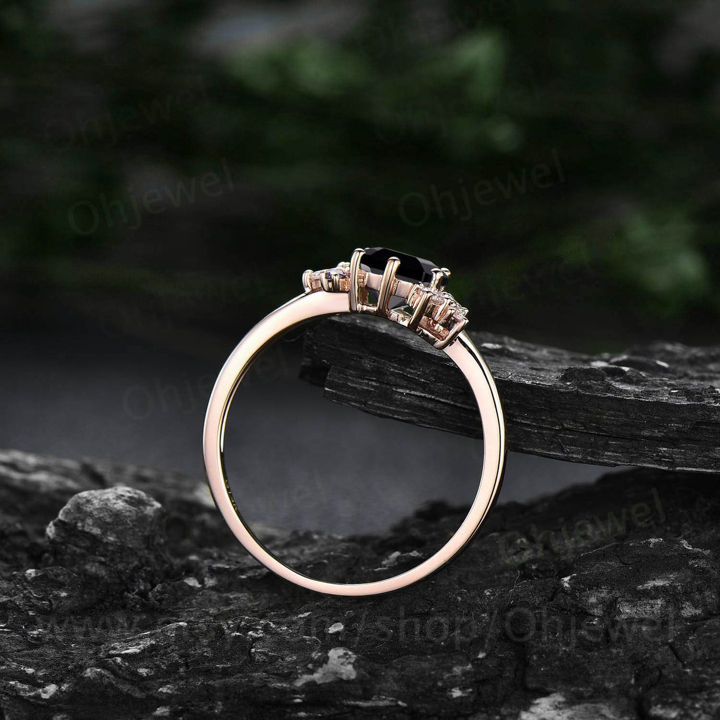 Hexagon cut black rutilated quartz ring gold silver vintage unique cluster black rutilated quartz engagement ring moissanite wedding ring