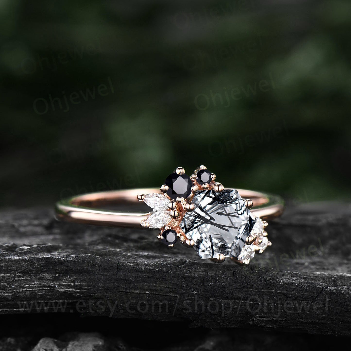 Hexagon cut black rutilated quartz ring gold silver vintage unique cluster black rutilated quartz engagement ring moissanite wedding ring