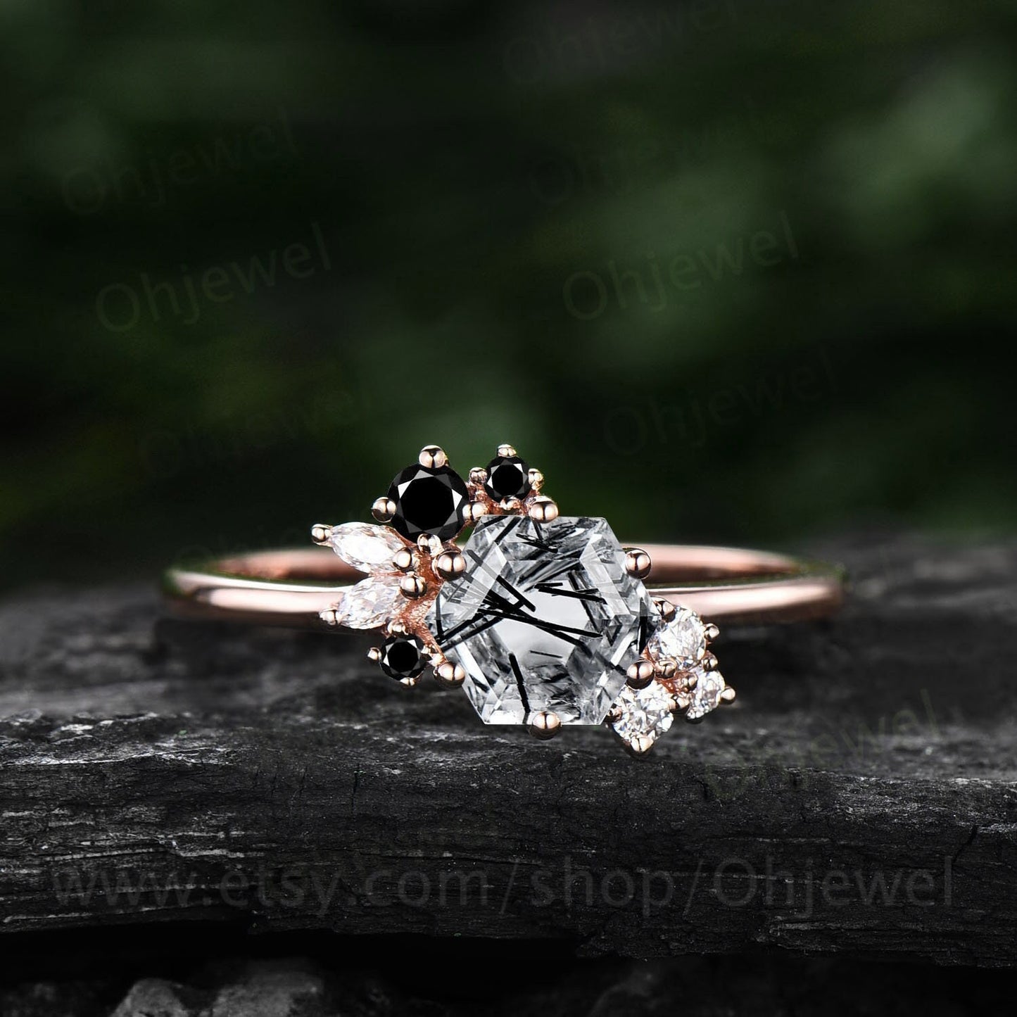 Hexagon cut black rutilated quartz ring gold silver vintage unique cluster black rutilated quartz engagement ring moissanite wedding ring