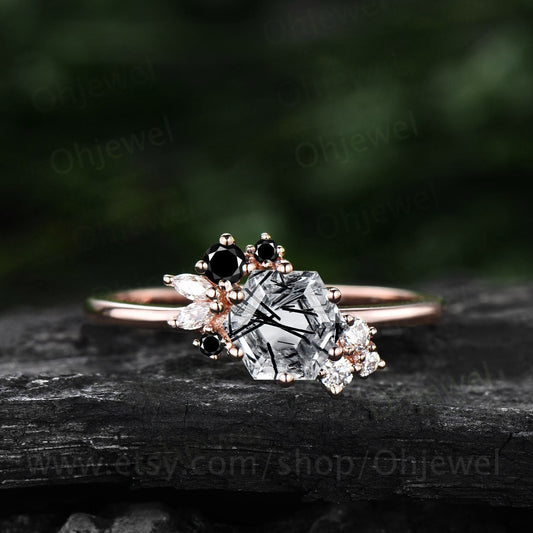 Hexagon cut black rutilated quartz ring gold silver vintage unique cluster black rutilated quartz engagement ring moissanite wedding ring