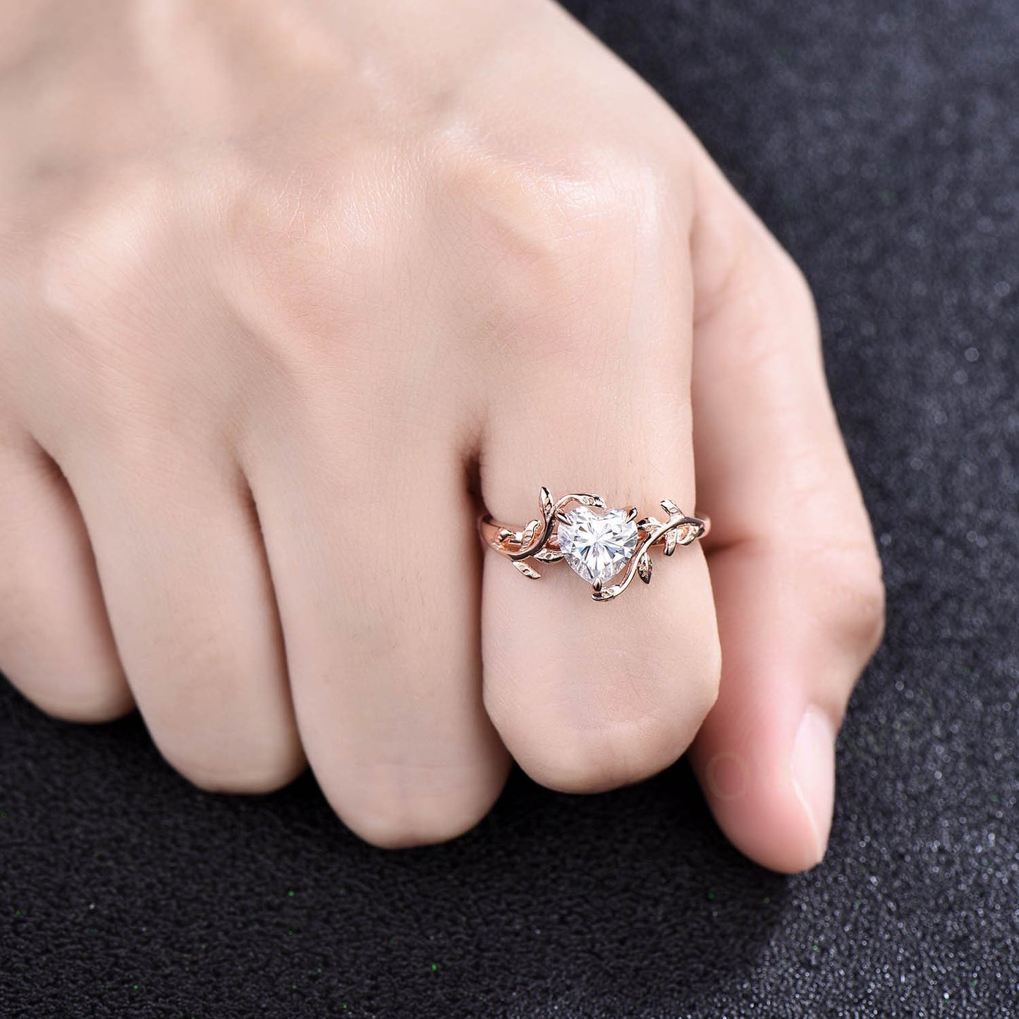 Moissanite ring vintage Heart shaped moissanite engagement ring leaf rose gold Solitaire Alternative nature inspired engagement ring women