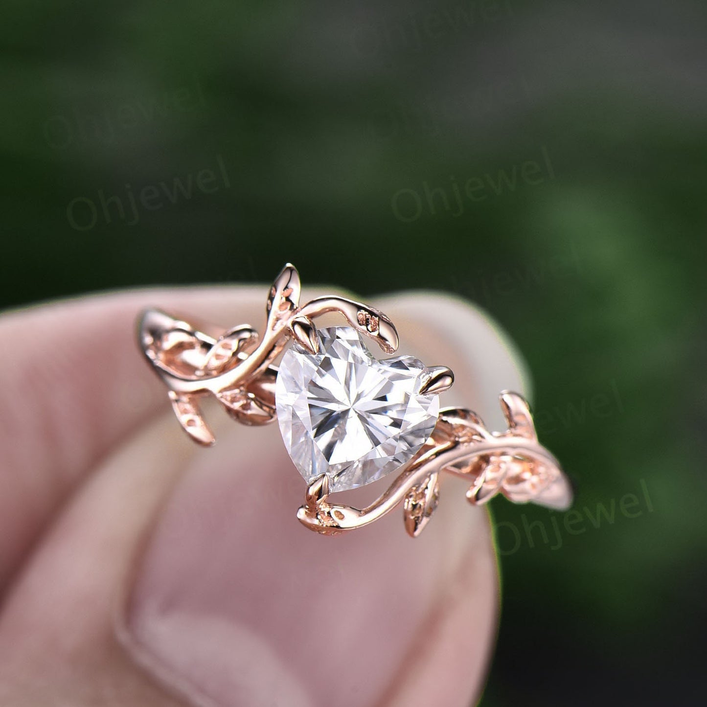 Moissanite ring vintage Heart shaped moissanite engagement ring leaf rose gold Solitaire Alternative nature inspired engagement ring women