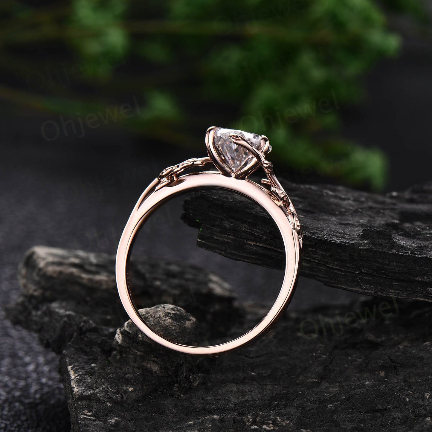 Moissanite ring vintage Heart shaped moissanite engagement ring leaf rose gold Solitaire Alternative nature inspired engagement ring women
