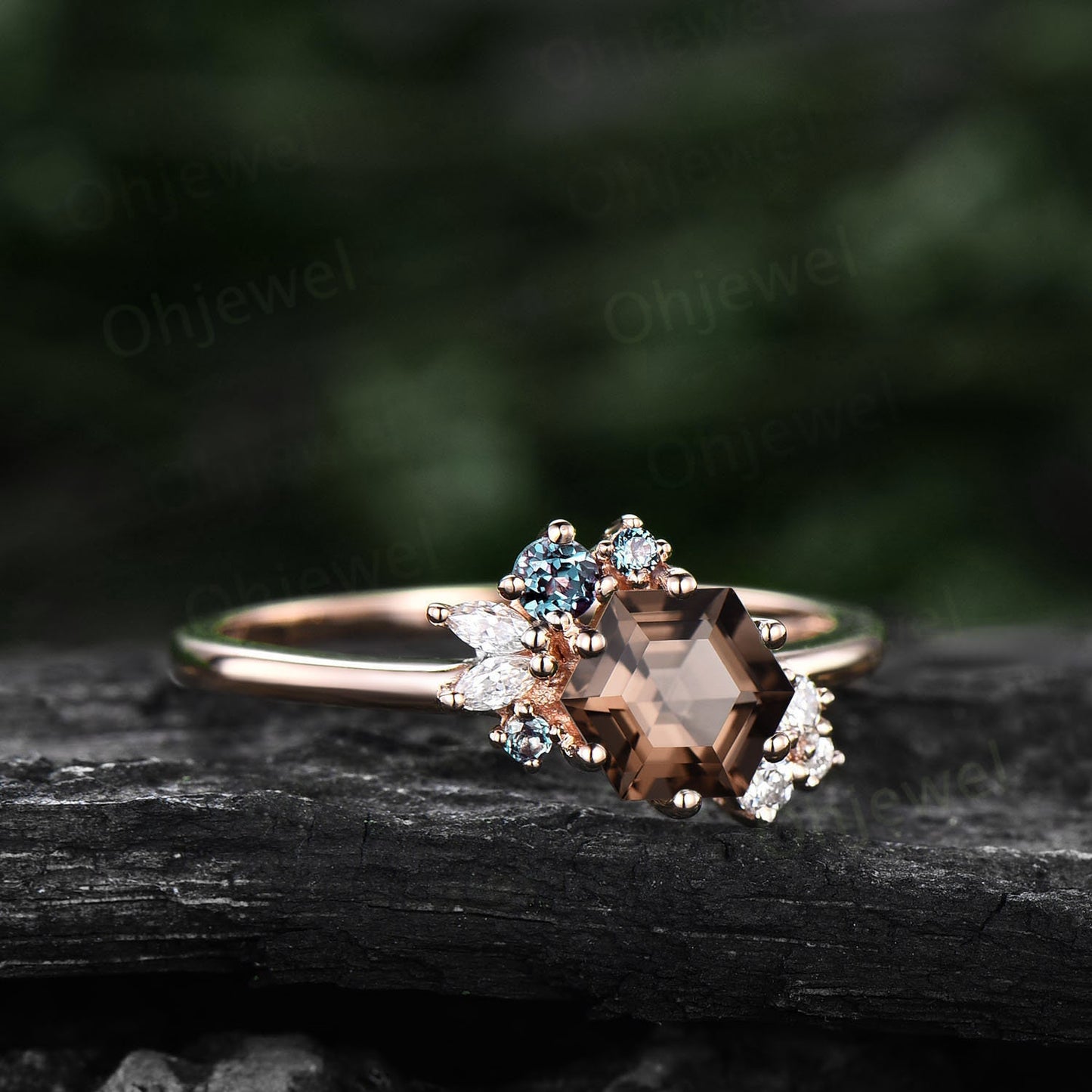 Smoky quartz ring vintage Hexagon cut Smoky quartz engagement ring rose gold cluster Alexandrite ring ring silver anniversary ring gifts