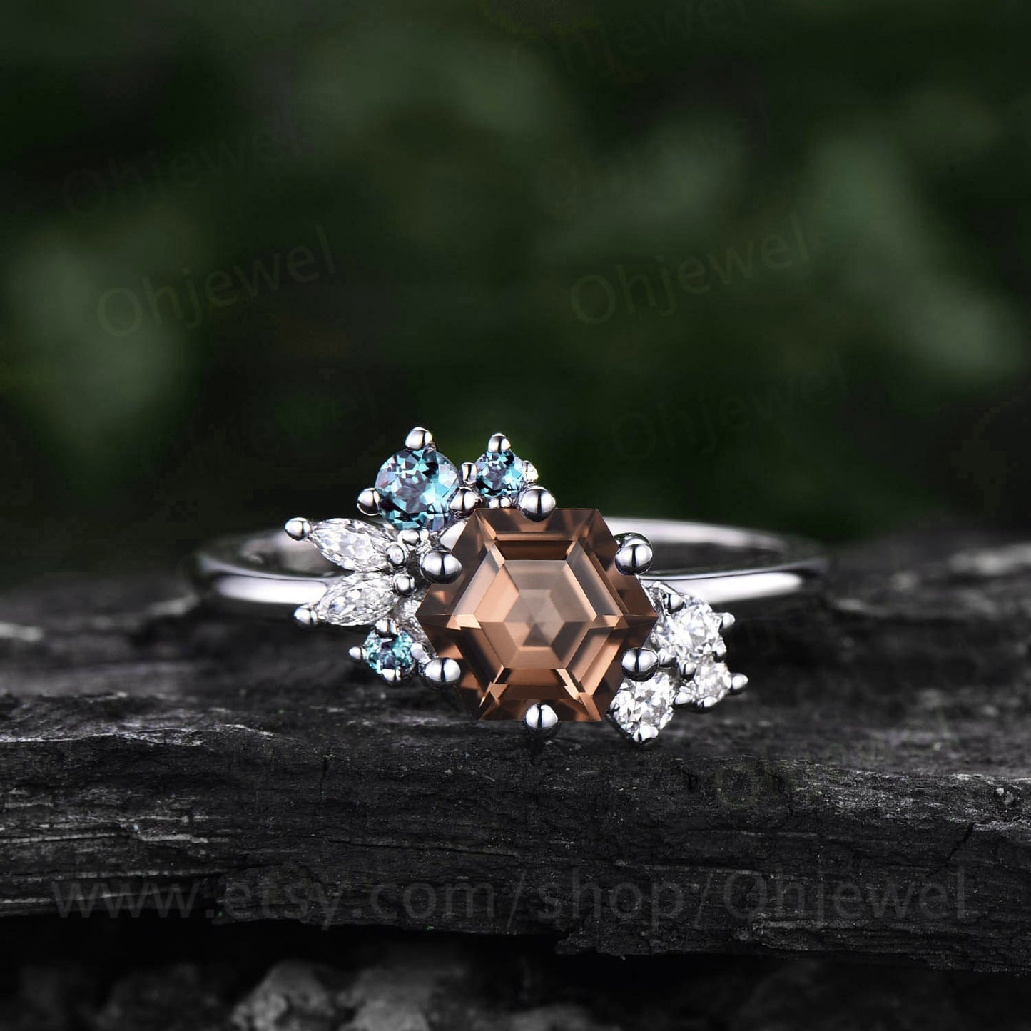 Smoky quartz ring vintage Hexagon cut Smoky quartz engagement ring rose gold cluster Alexandrite ring ring silver anniversary ring gifts