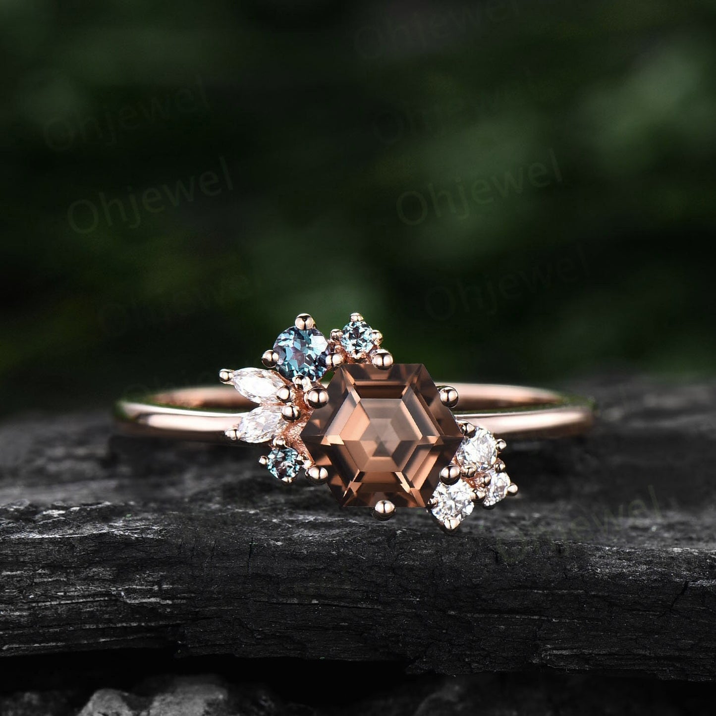 Smoky quartz ring vintage Hexagon cut Smoky quartz engagement ring rose gold cluster Alexandrite ring ring silver anniversary ring gifts