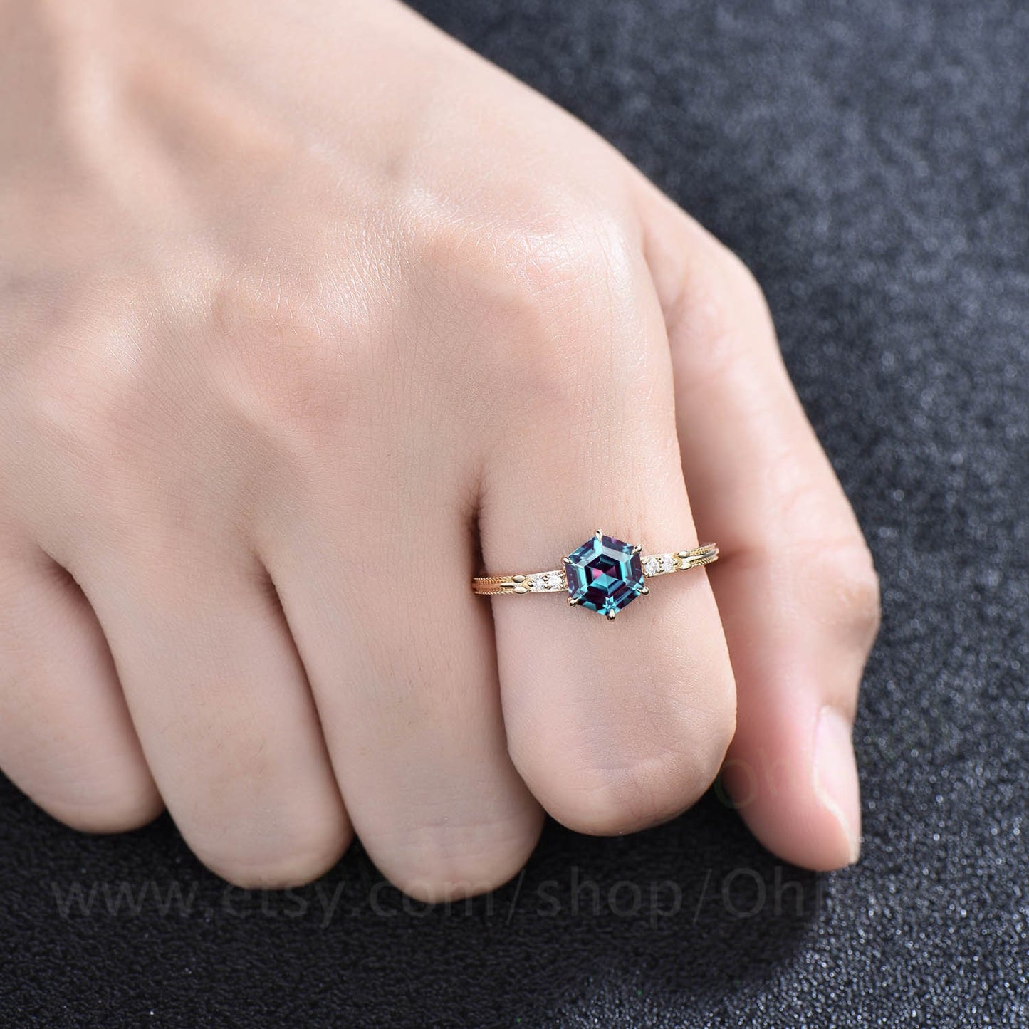 Alexandrite ring gold vintage Hexagon cut engagement ring Alexandrite engagement ring five stone 6 prong milgrain diamond wedding ring women