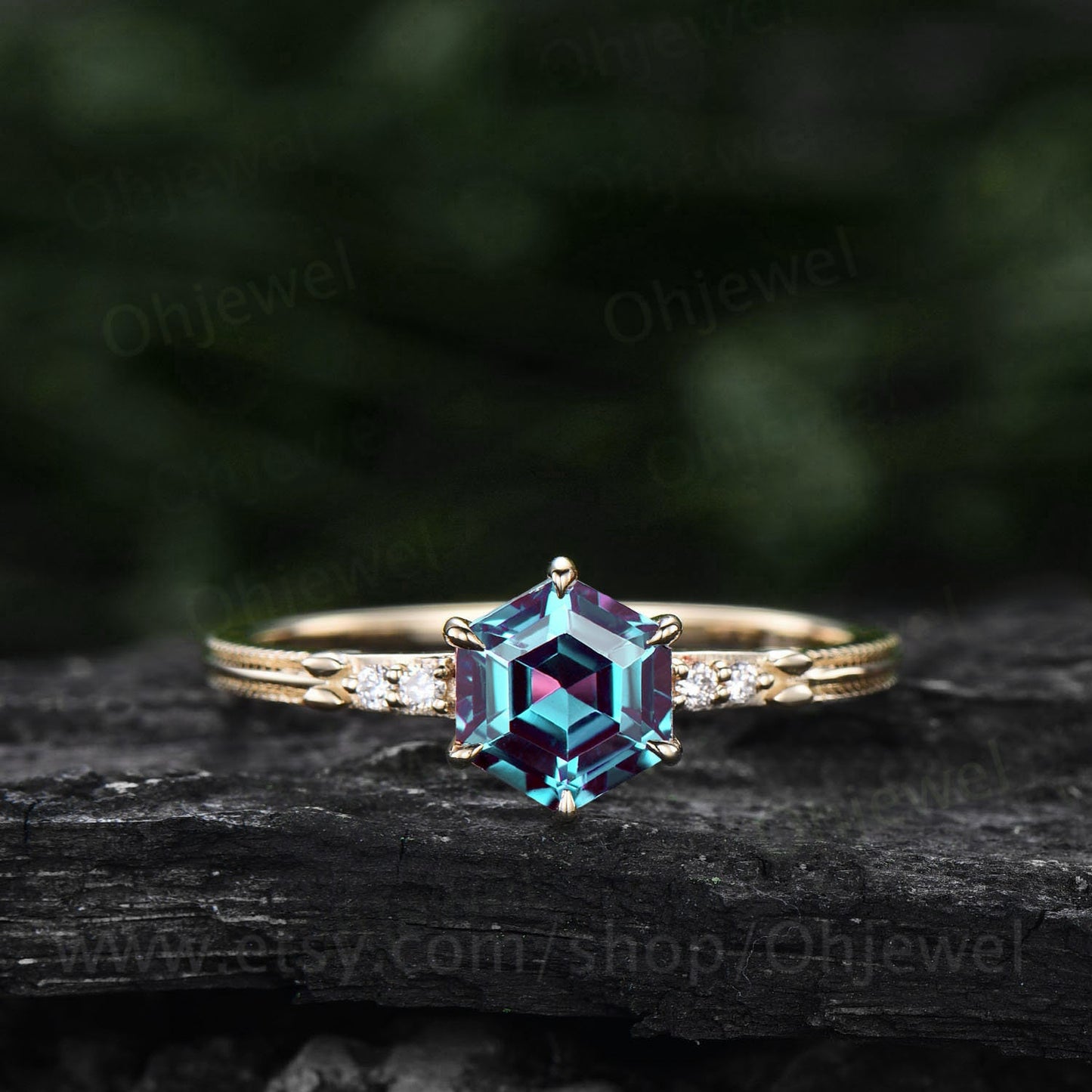 Alexandrite ring gold vintage Hexagon cut engagement ring Alexandrite engagement ring five stone 6 prong milgrain diamond wedding ring women