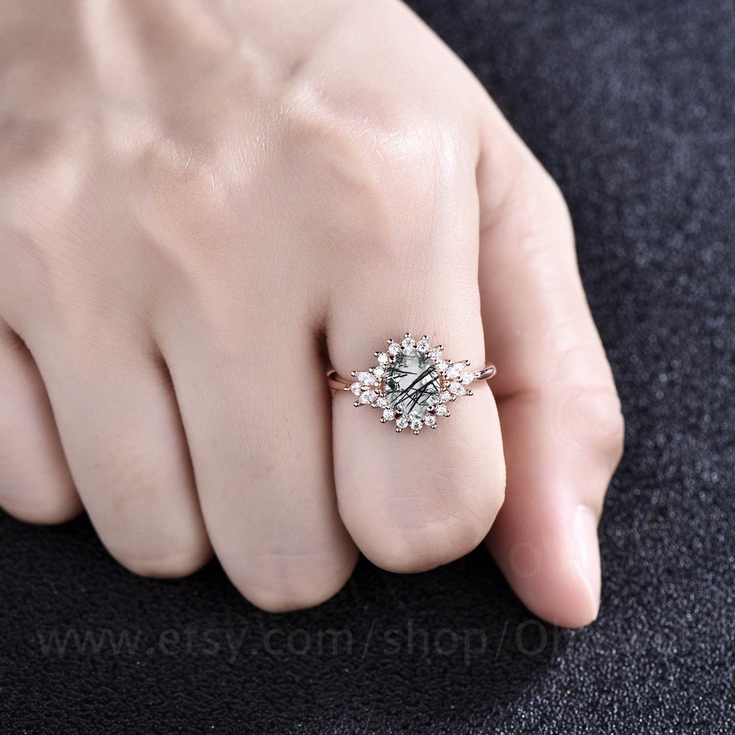 Vintage oval black rutilated quartz ring engagement ring unique halo marquise rose gold engagement ring women moissanite anniversary ring