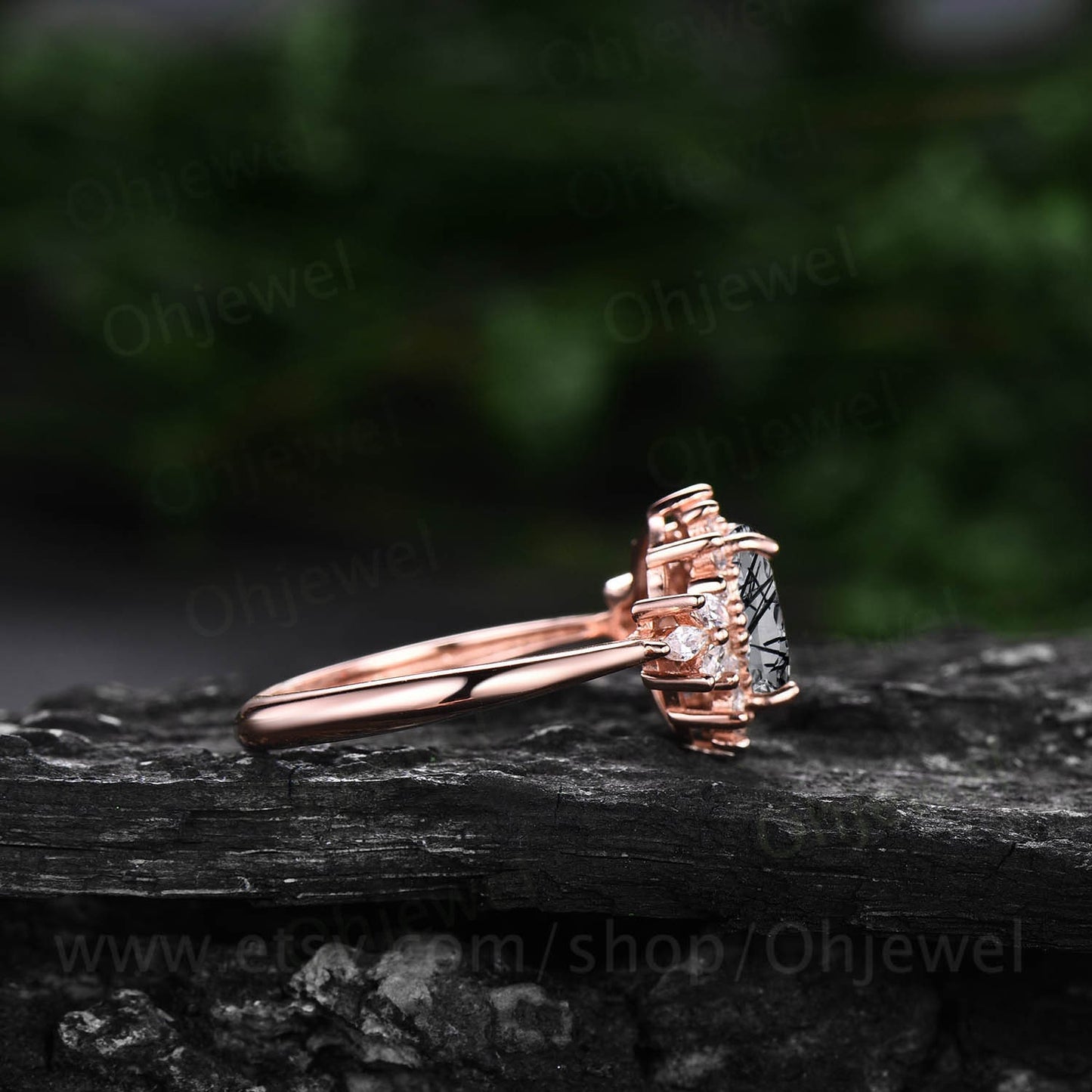 Vintage oval black rutilated quartz ring engagement ring unique halo marquise rose gold engagement ring women moissanite anniversary ring