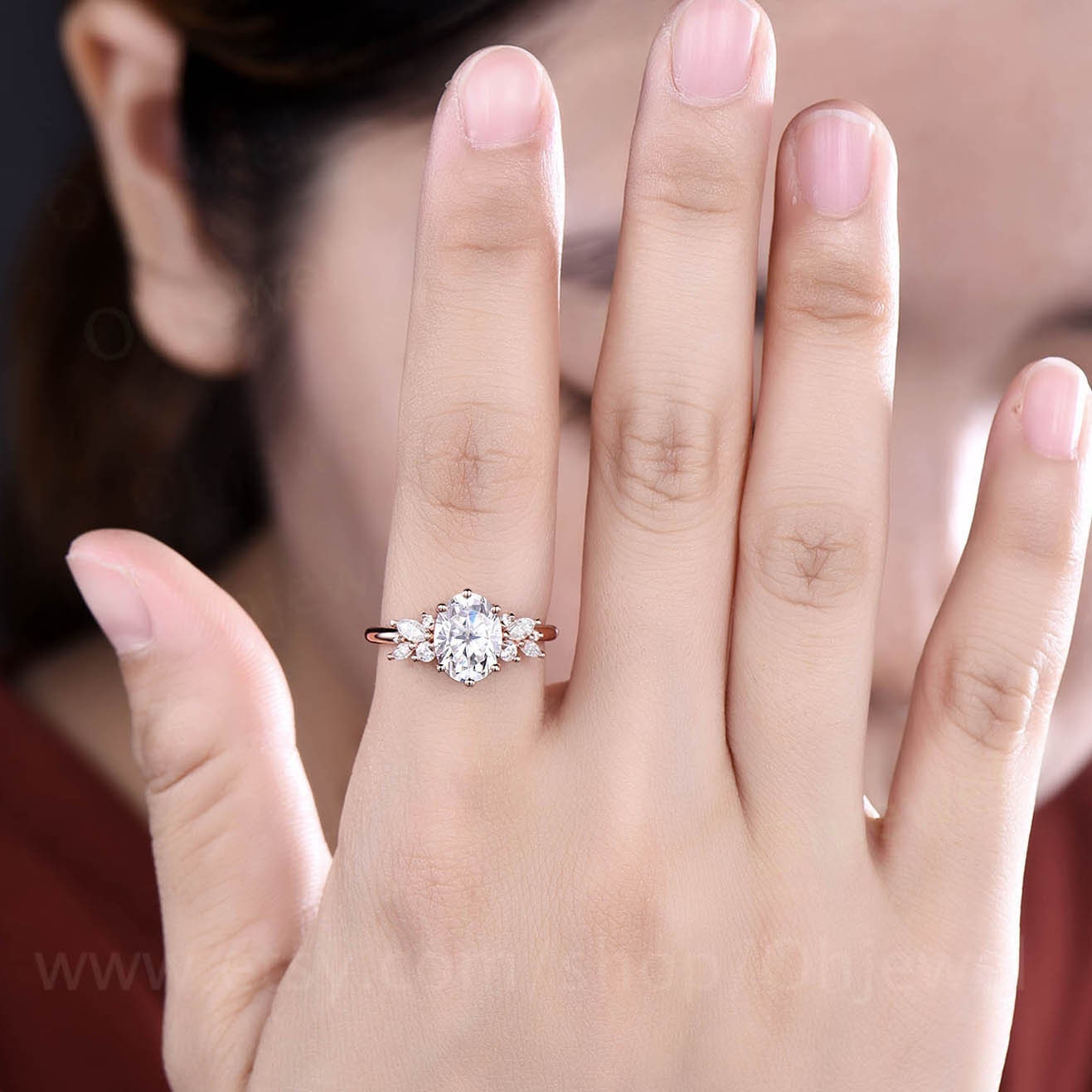 2ct Moissanite ring vintage oval moissanite engagement ring rose gold unique cluster 6 prong engagement ring diamond wedding ring for women