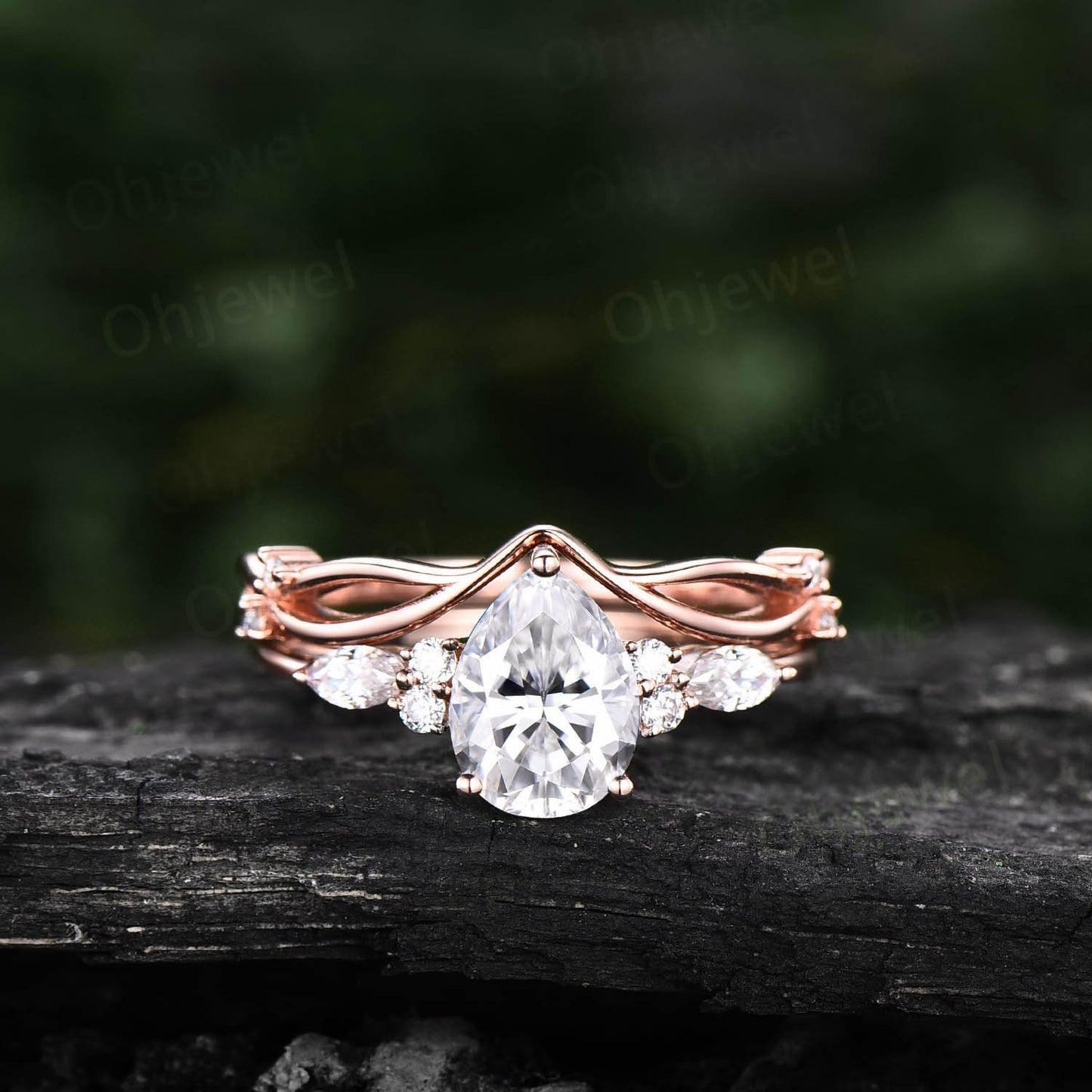 Moissanite ring set rose gold vintage pear shaped moissanite engagement ring set art deco stacking ring set unique wedding ring set women
