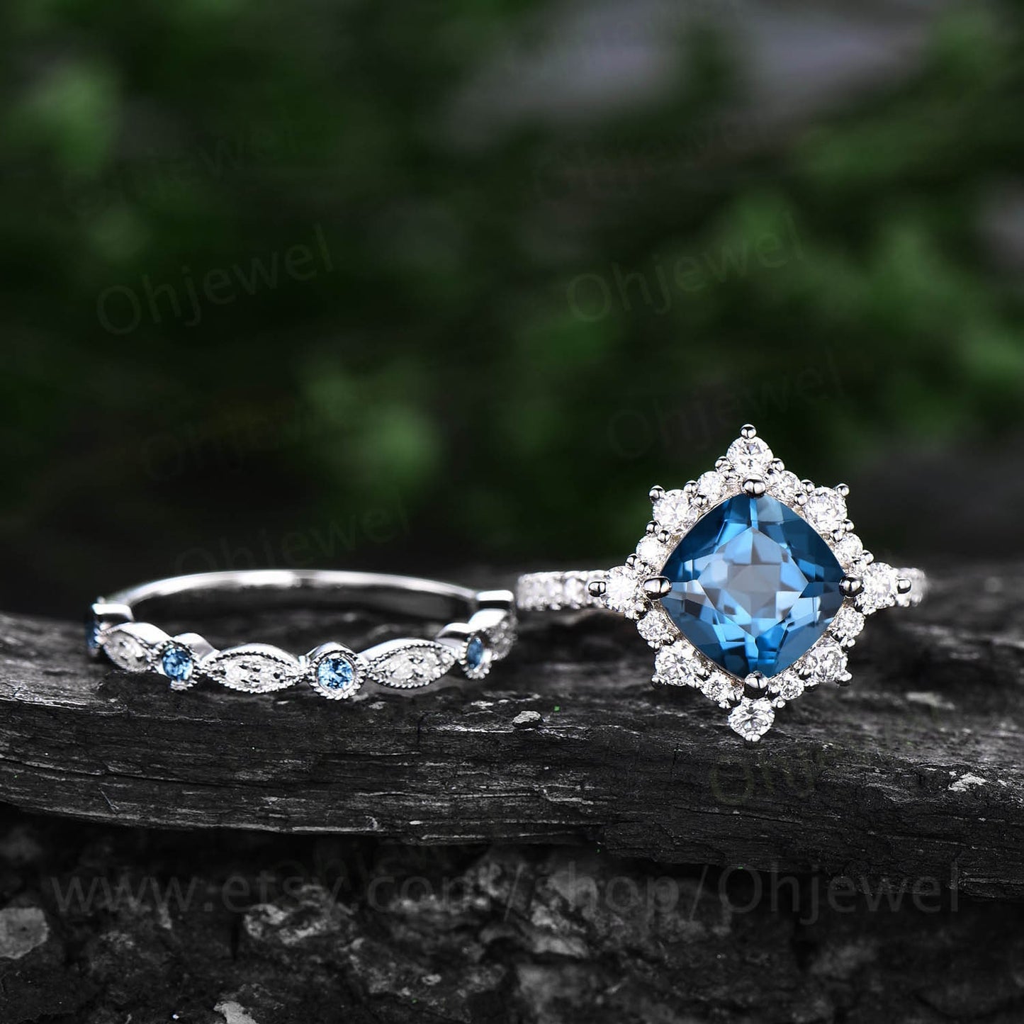 London blue topaz ring unique engagement ring set Cushion cut unique rose gold engagement ring antique moissanite ring bridal ring set women
