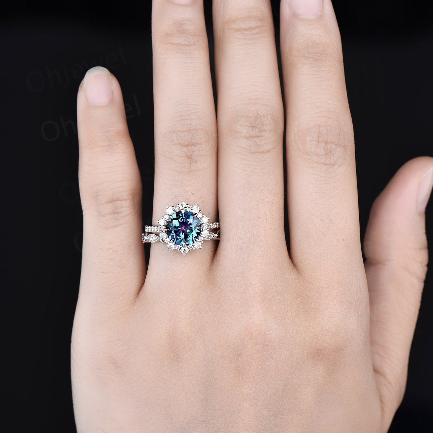 2ct Alexandrite ring set vintage Alexandrite engagement ring set unique halo rose gold engagement ring moissanite wedding ring set women