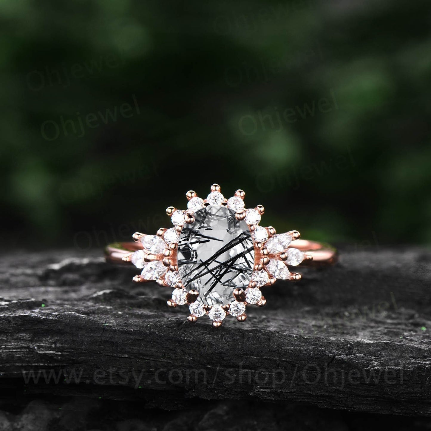 Vintage oval black rutilated quartz ring engagement ring unique halo marquise rose gold engagement ring women moissanite anniversary ring