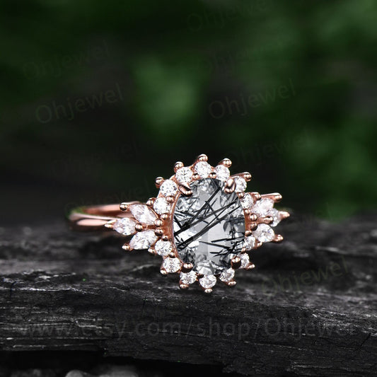 Vintage oval black rutilated quartz ring engagement ring unique halo marquise rose gold engagement ring women moissanite anniversary ring