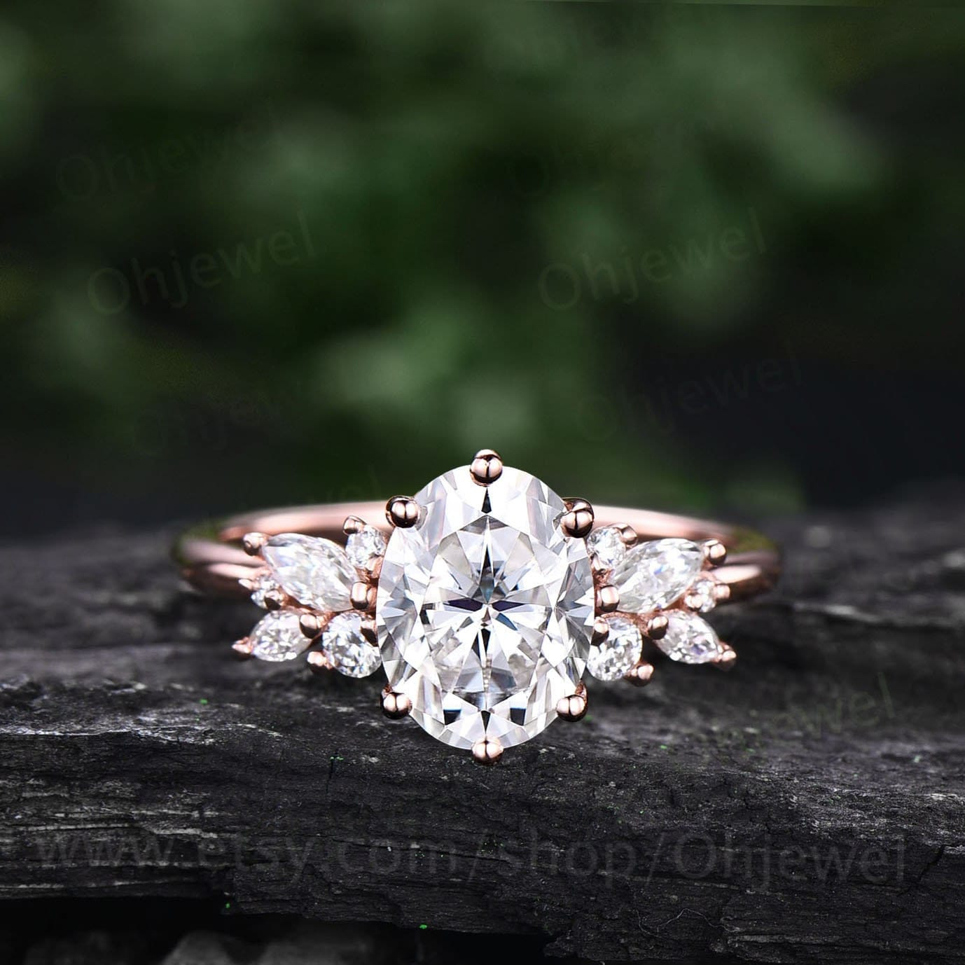 2ct Moissanite ring vintage oval moissanite engagement ring rose gold unique cluster 6 prong engagement ring diamond wedding ring for women